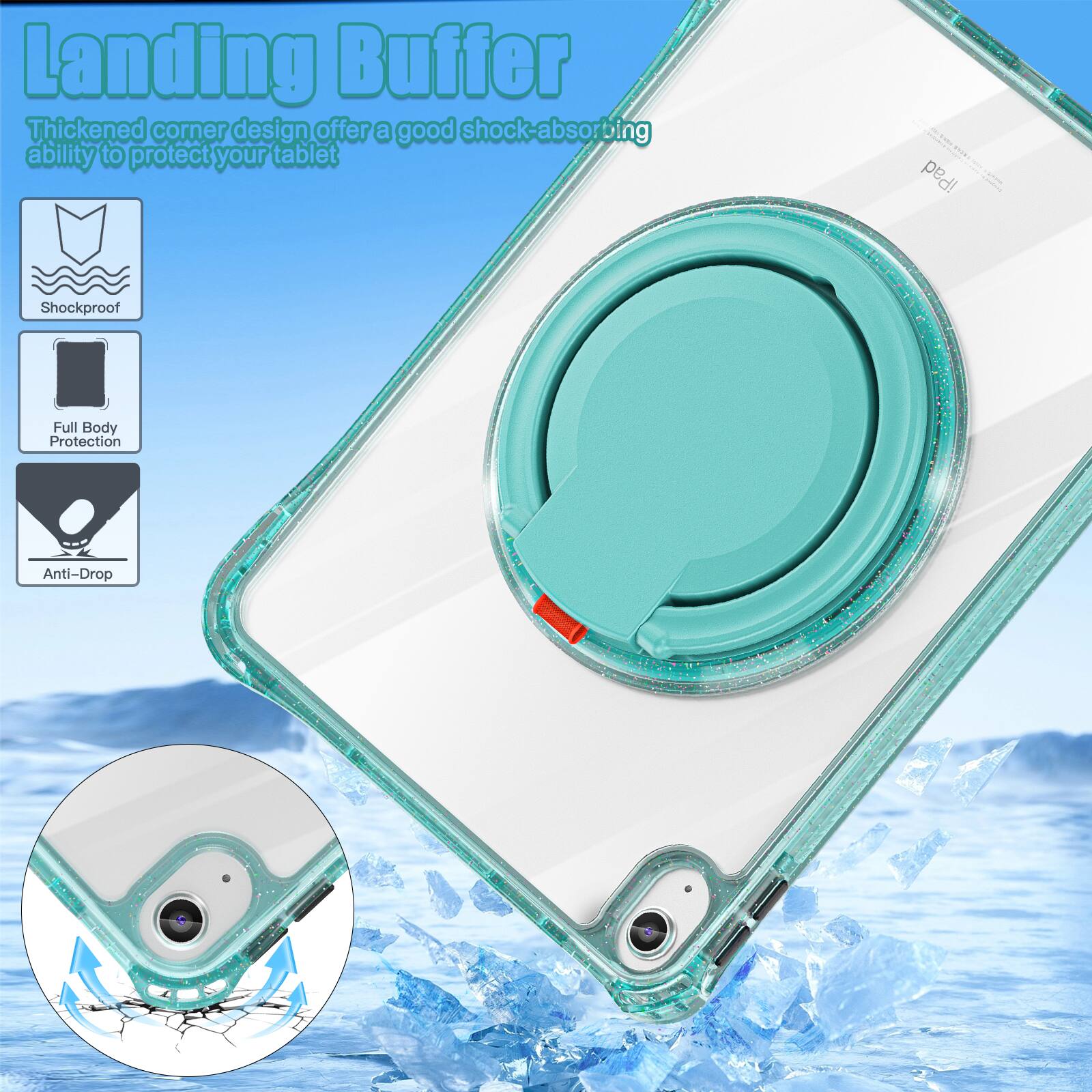 Landing Buffer

Thickened corner design offers a good shock-absorbing ability to protect your tablet

iPad - Shockproof Full Body Protection Anti-Drop