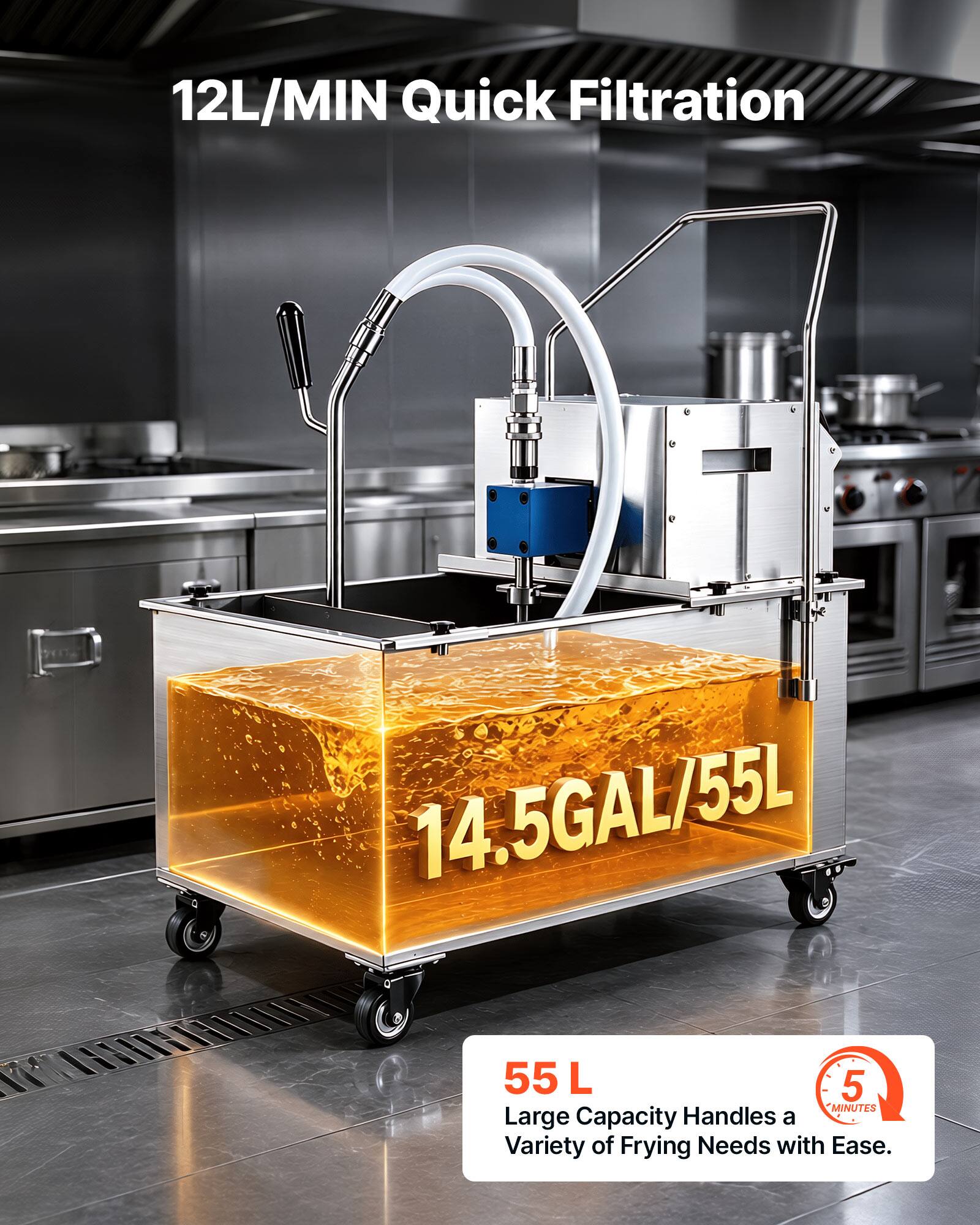 12L/MIN Quick Filtration  
14.5GAL/55L  
55 L  
5 MINUTES  
Large Capacity Handles a Variety of Frying Needs with Ease.
