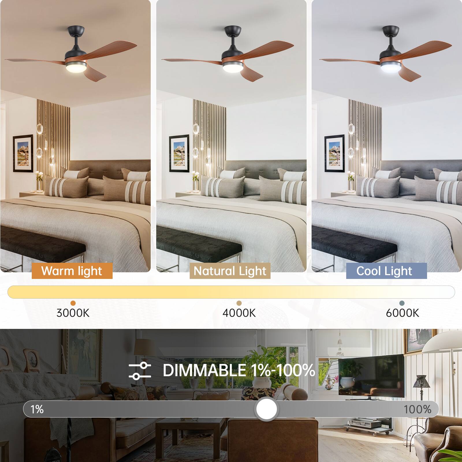 Warm Light  
Natural Light  
Cool Light  

3000K  
4000K  
6000K  

DIMMABLE 1%-100%  

1%  
100%