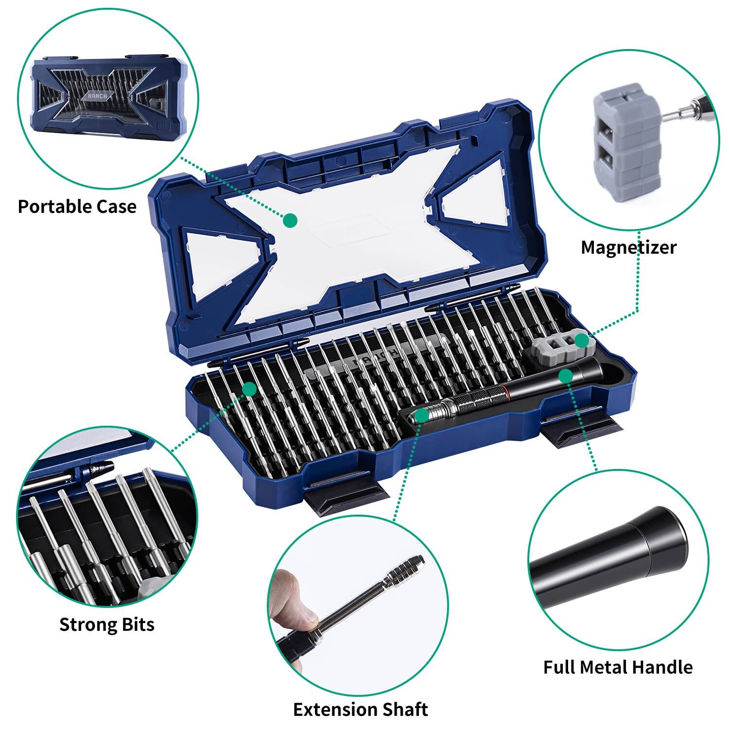 - Portable Case
- Magnetizer
- Strong Bits
- Extension Shaft
- Full Metal Handle