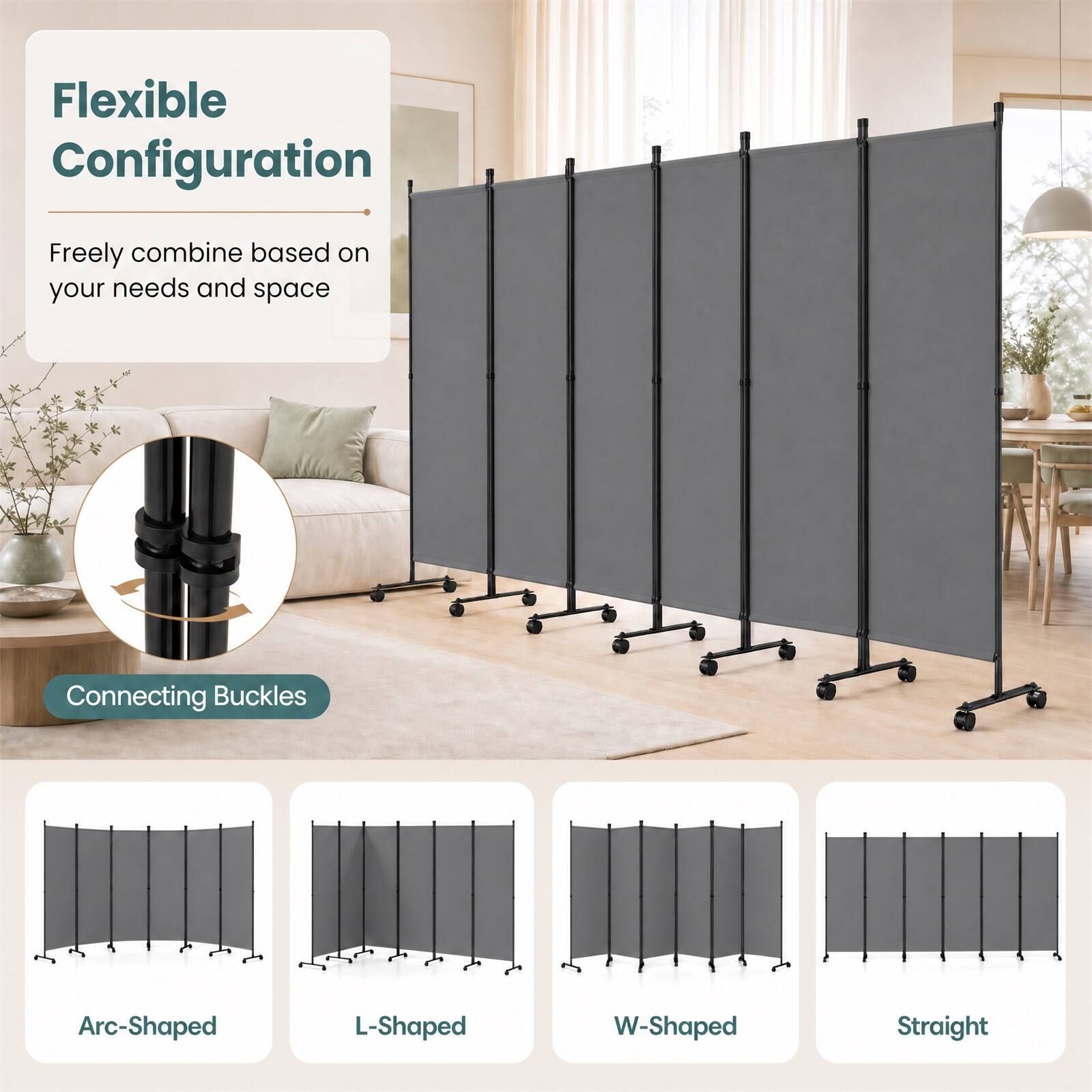 Flexible Configuration  
Freely combine based on your needs and space  

Connecting Buckles  
Arc-Shaped  
L-Shaped  
W-Shaped  
Straight