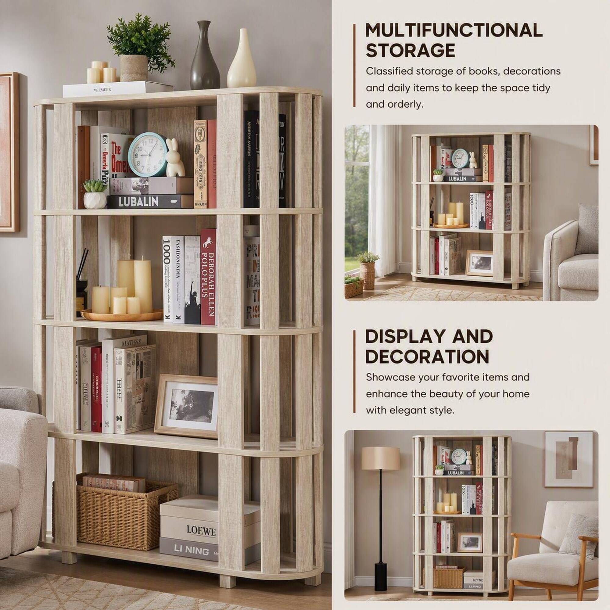 MULTIFUNCTIONAL STORAGE  
Classified storage of books, decorations and daily items to keep the space tidy and orderly.

DISPLAY AND DECORATION  
Showcase your favorite items and enhance the beauty of your home with elegant style.