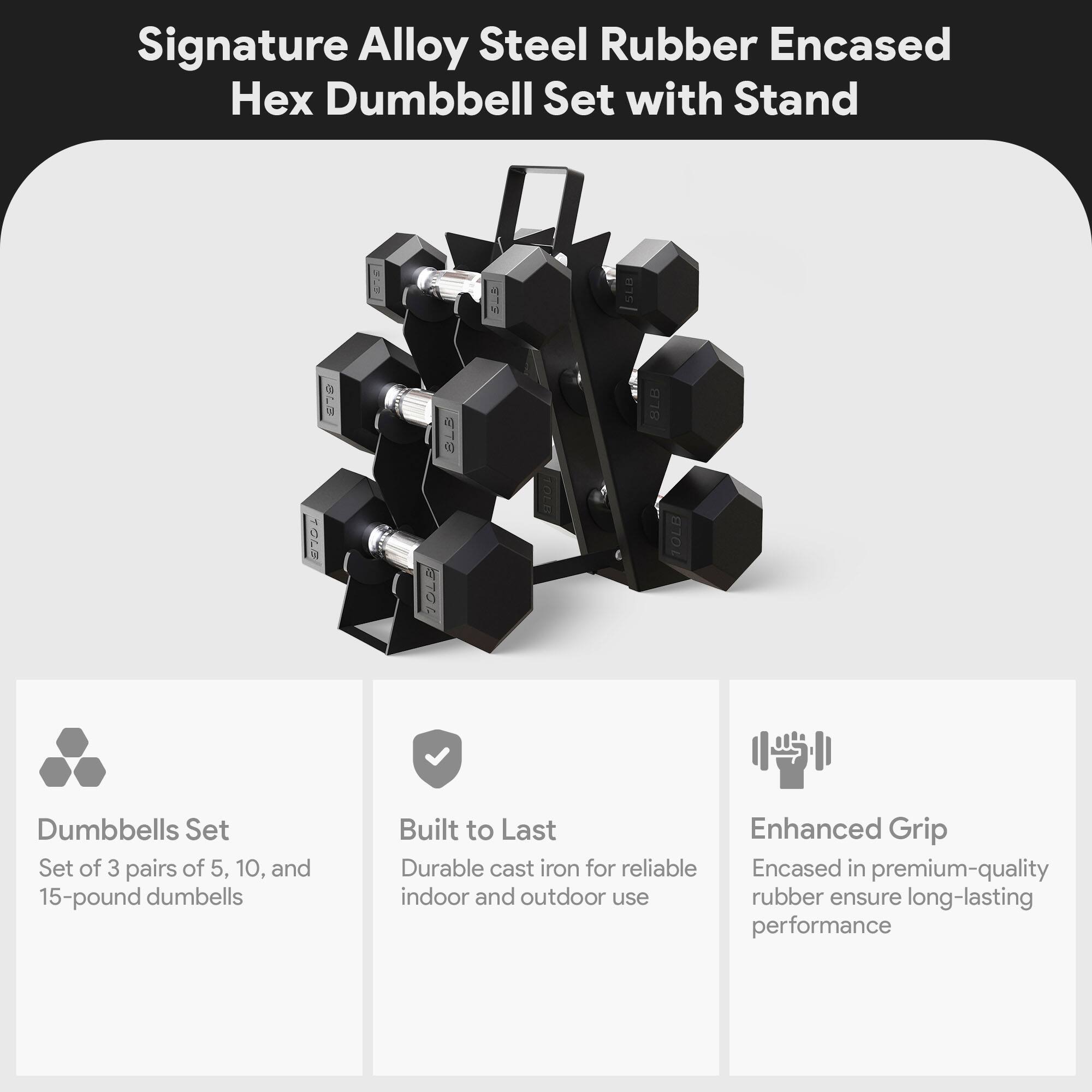 Signature Alloy Steel Rubber Encased Hex Dumbbell Set with Stand

- Dumbbells Set
  - Set of 3 pairs of 5, 10, and 15-pound dumbbells

- Built to Last
  - Durable cast iron for reliable indoor and outdoor use

- Enhanced Grip
  - Encased in premium-quality rubber to ensure long-lasting performance