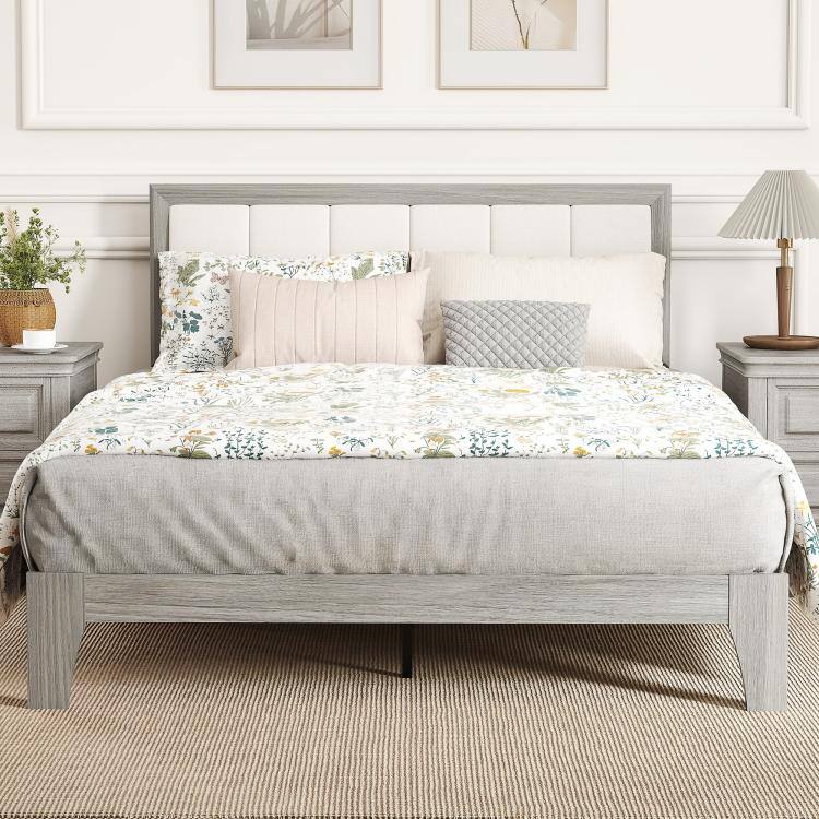 Alt View 1. PULUZ - Full Bed Frame with Headboard Full Size Platform Bed Frame with Wooden Slats No Box Spring Needed Easy Assembly - Gray.