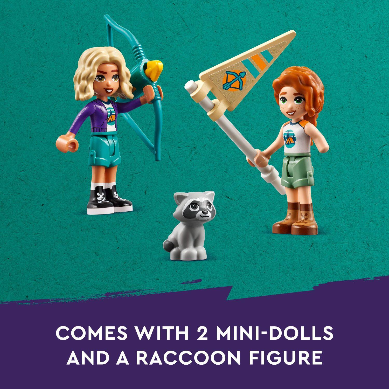 The text on the image reads: "Comes with 2 mini-dolls and a raccoon figure."