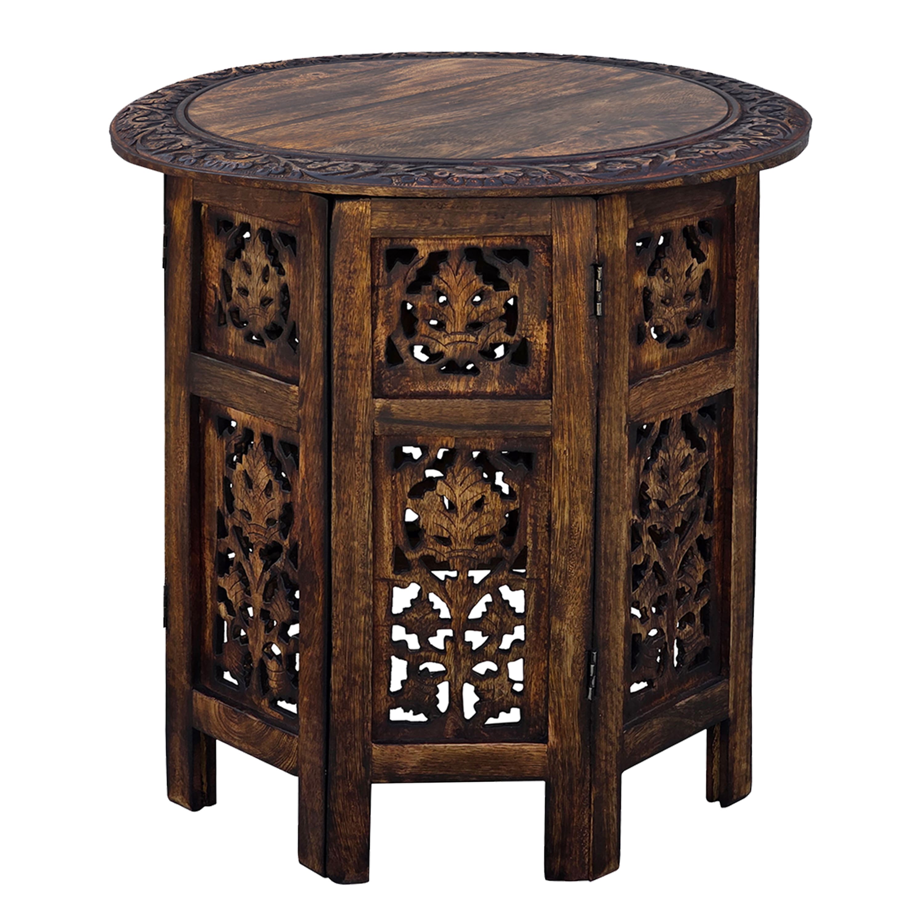 Manhattan Lane - 18 Inch Mango Wood Folding Accent Table, Hand Carved - Brown