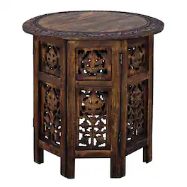 Manhattan Lane - 18 Inch Mango Wood Folding Accent Table, Hand Carved - Brown