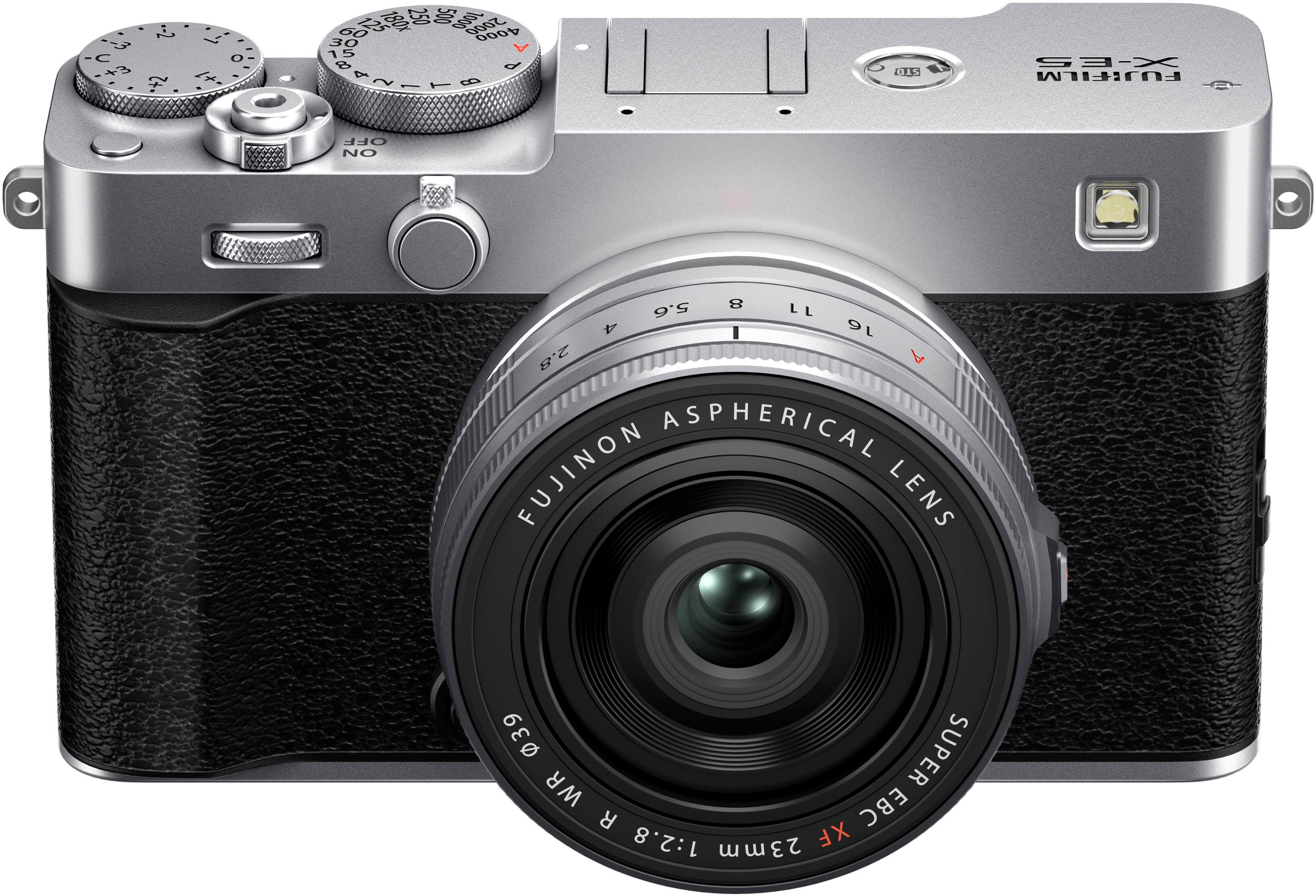 The camera is a Fujifilm model with an aspherical lens. It has a wide-angle lens with a focal length of 23mm and a maximum aperture of f/2.8. The camera also has a Super EBC coating for better light transmission. The lens is designed for the X-T1 mirrorless camera.