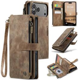 UUCOVER - Wallet Case for Apple iPhone 17 Pro Max with Zipper Pocket, Card Cash Holder and Wrist Strap, Magnetic Flip Stand Cover - Brown