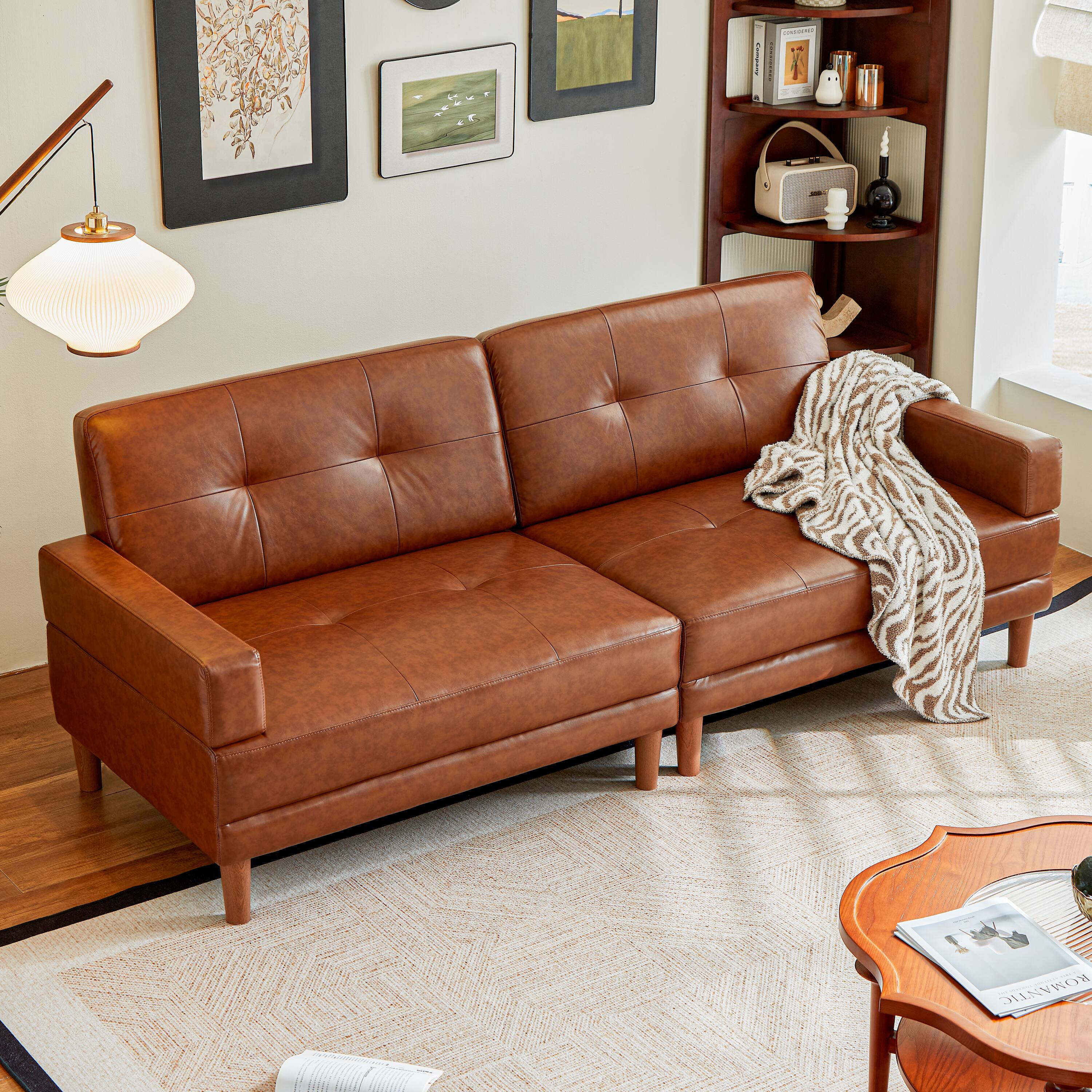Alt View 2. MSOOB - 94.5" Mid-Century Modern Faux Waxed Leather Sofa, 3-Seater Living Room Leather Couch with Square Arms and Tufted Back - Brown.