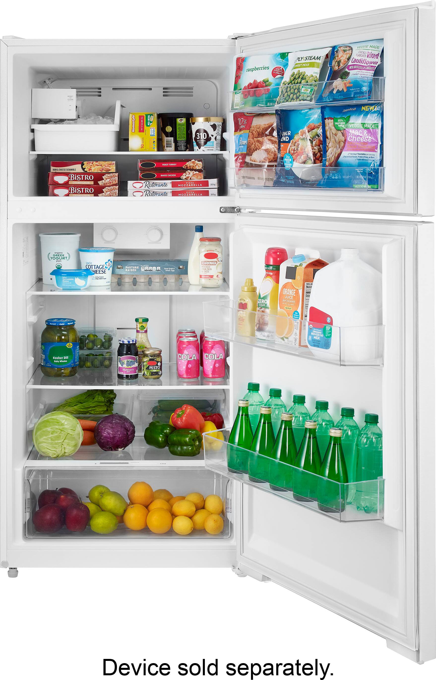 The text on the image is advertising a refrigerator with a variety of food items inside. The refrigerator is filled with fruits, vegetables, and other food items, including a bottle of soda. The text also mentions that the device is sold separately, indicating that the refrigerator is not included in the advertisement.