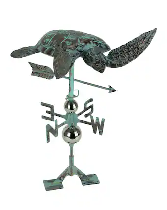Front. Zeckos - Verdigris Patina Metal Sea Turtle Weathervane with Roof Mount - Green.