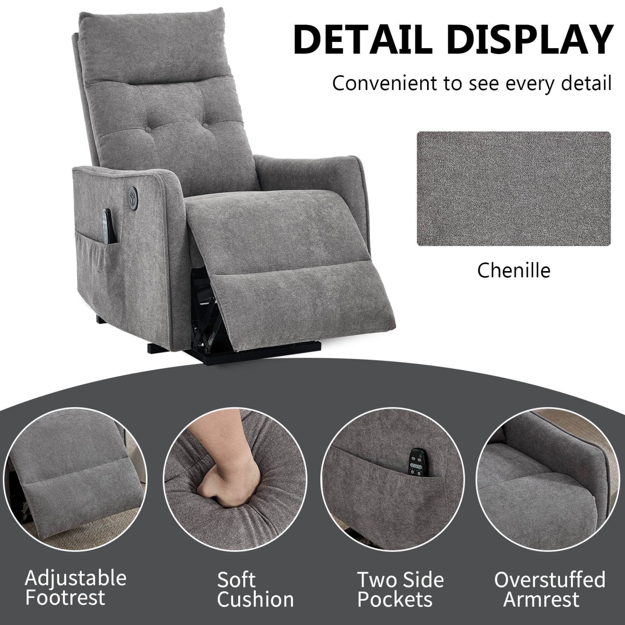 DETAIL DISPLAY  
Convenient to see every detail  

Chenille  

Adjustable Footrest  
Soft Cushion  
Two Side Pockets  
Overstuffed Armrest
