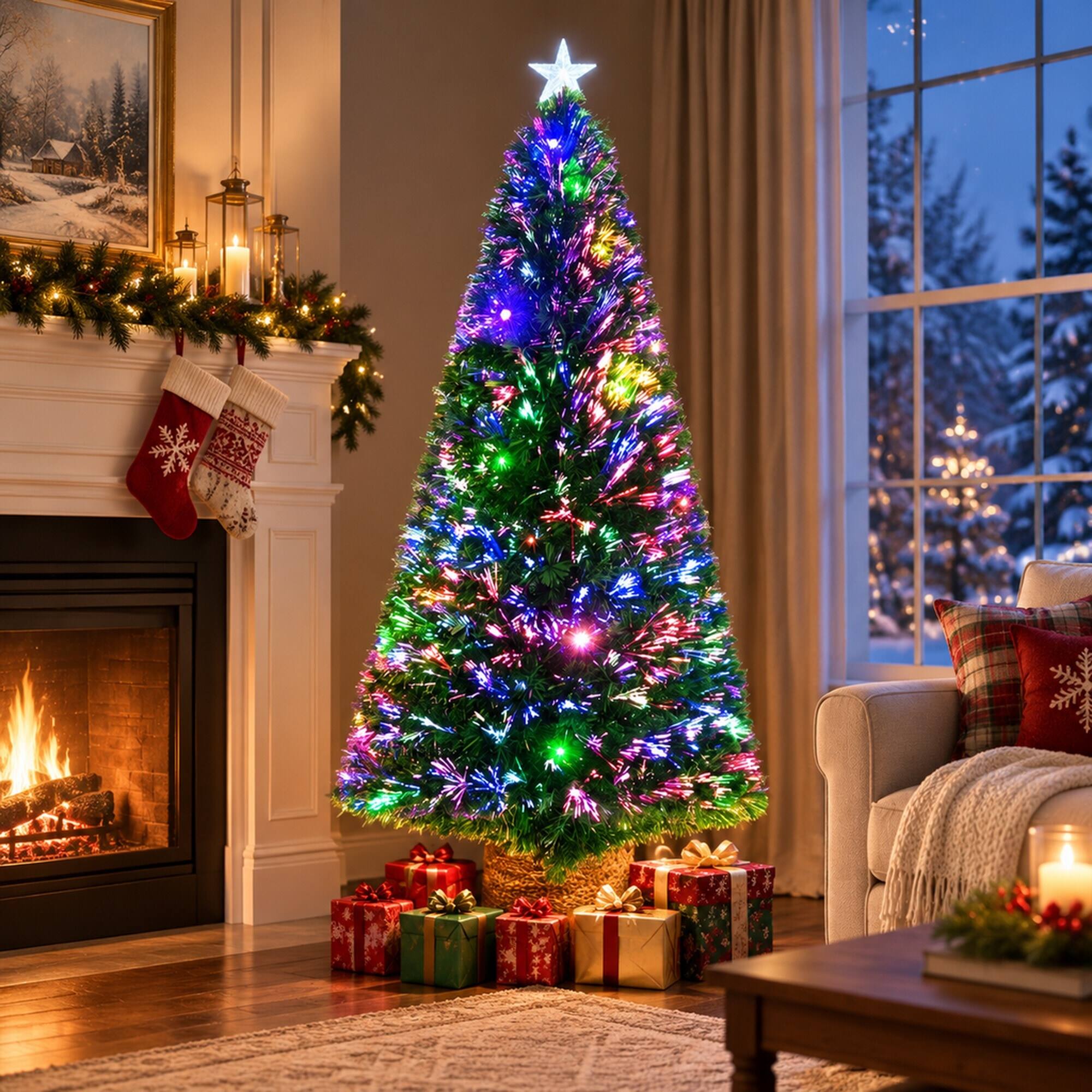 Left. RYHNUYNE - Pre-Lit Fir Artificial Christmas Tree With Warm LED Lights and Realistic Branches - Green.