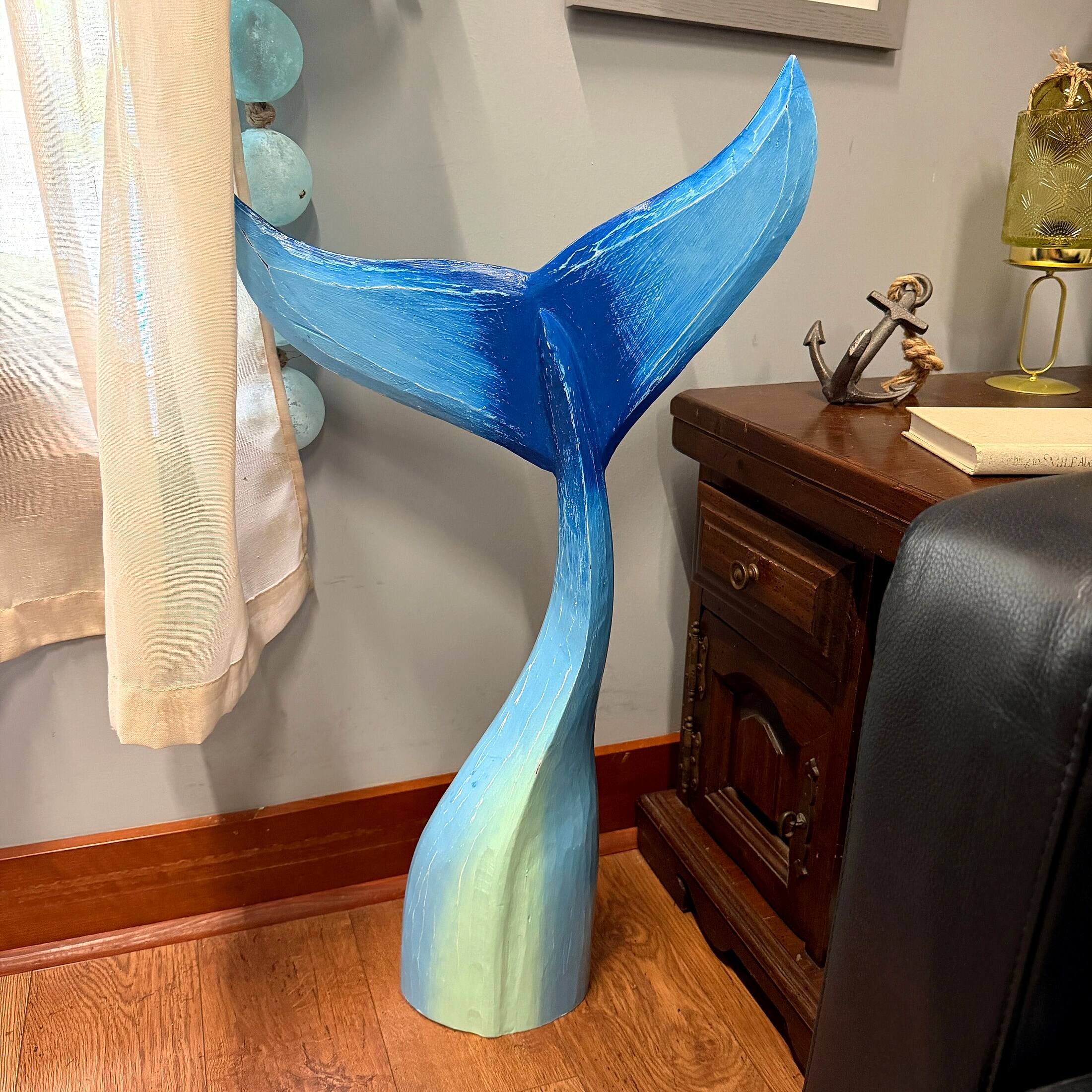 Alt View 4. Things2Die4 - Things2die4 Blue Wood Whale Tail Statue 33 Inch Height Coastal Floor Sculpture - Blue.
