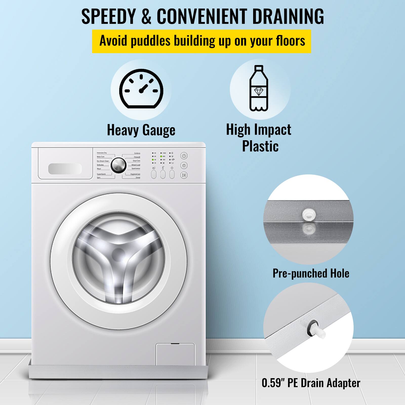 SPEEDY & CONVENIENT DRAINING  
Avoid puddles building up on your floors  

Heavy Gauge  
High Impact Plastic  
Pre-punched Hole  
0.59" PE Drain Adapter