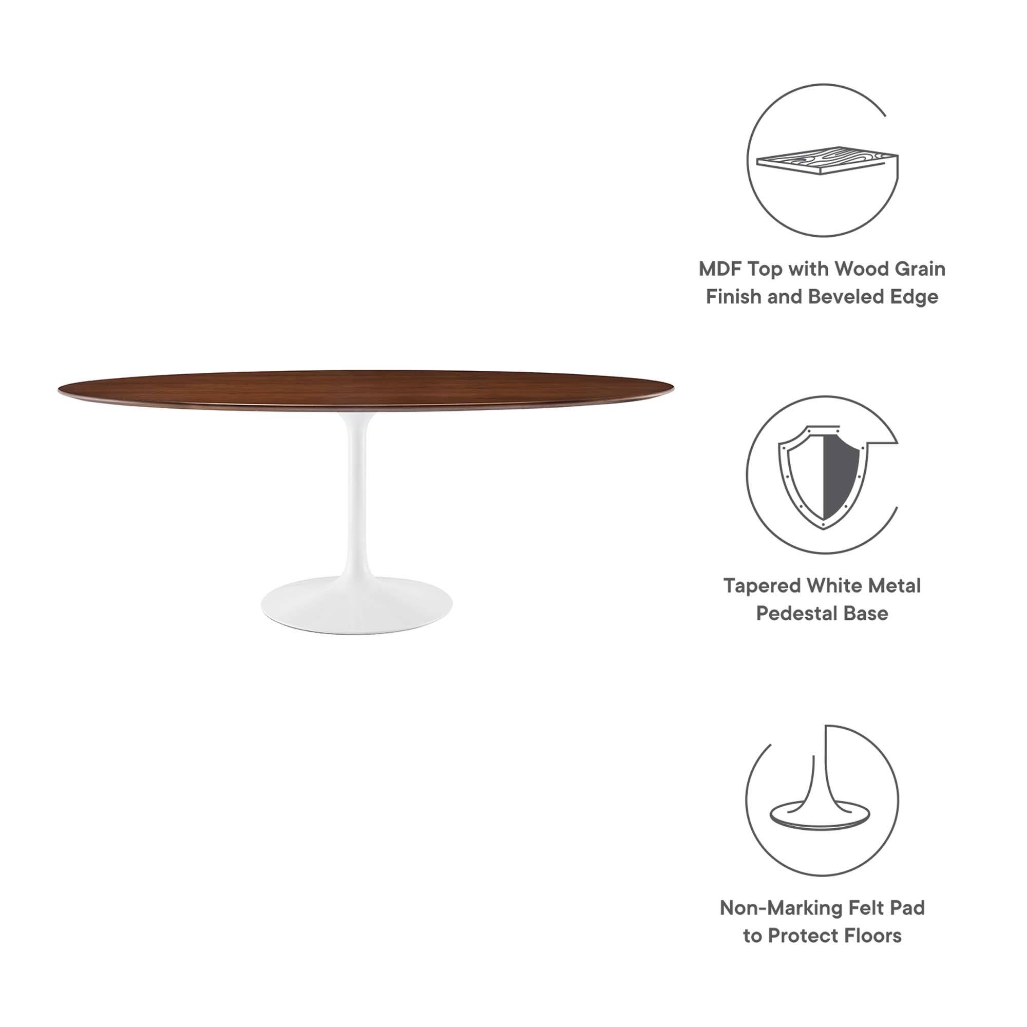 MDF Top with Wood Grain Finish and Beveled Edge  
Tapered White Metal Pedestal Base  
Non-Marking Felt Pad to Protect Floors