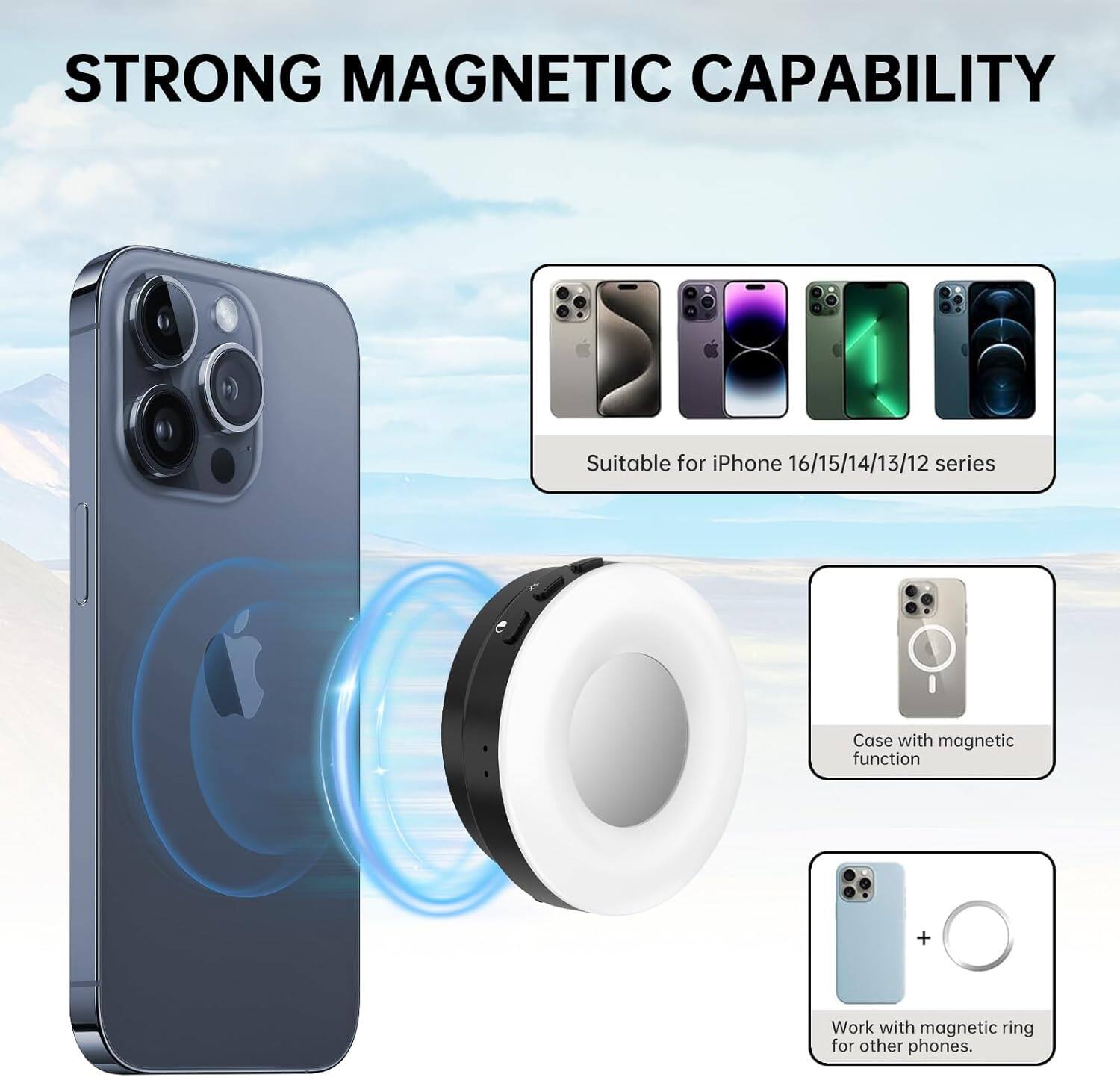STRONG MAGNETIC CAPABILITY

Suitable for iPhone 16/15/14/13/12 series

Case with magnetic function

Work with magnetic ring for other phones.