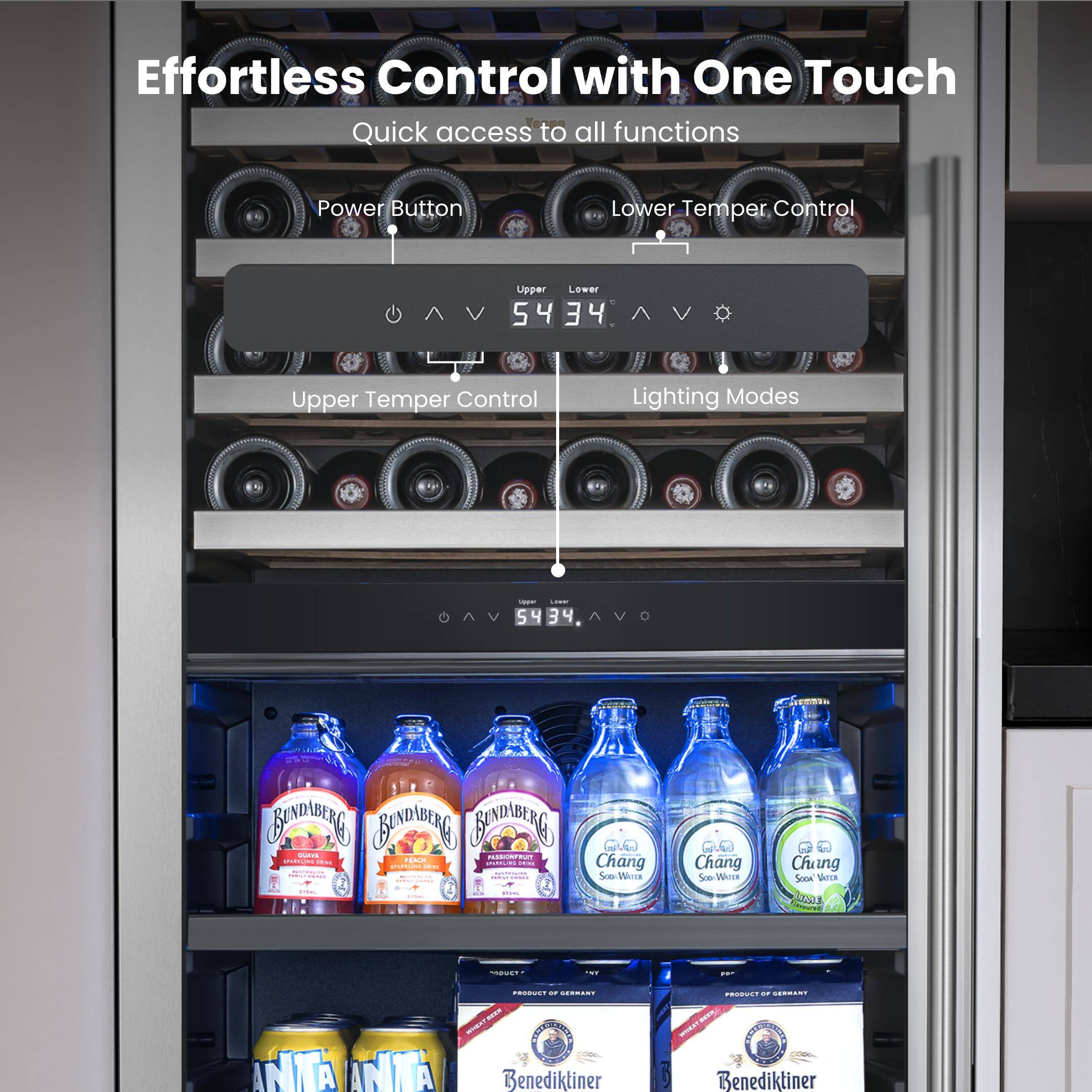 Effortless Control with One Touch

Quick access to all functions

- Power Button
- Lower Temper Control
- Upper Temper Control
- Lighting Modes

54°
34°