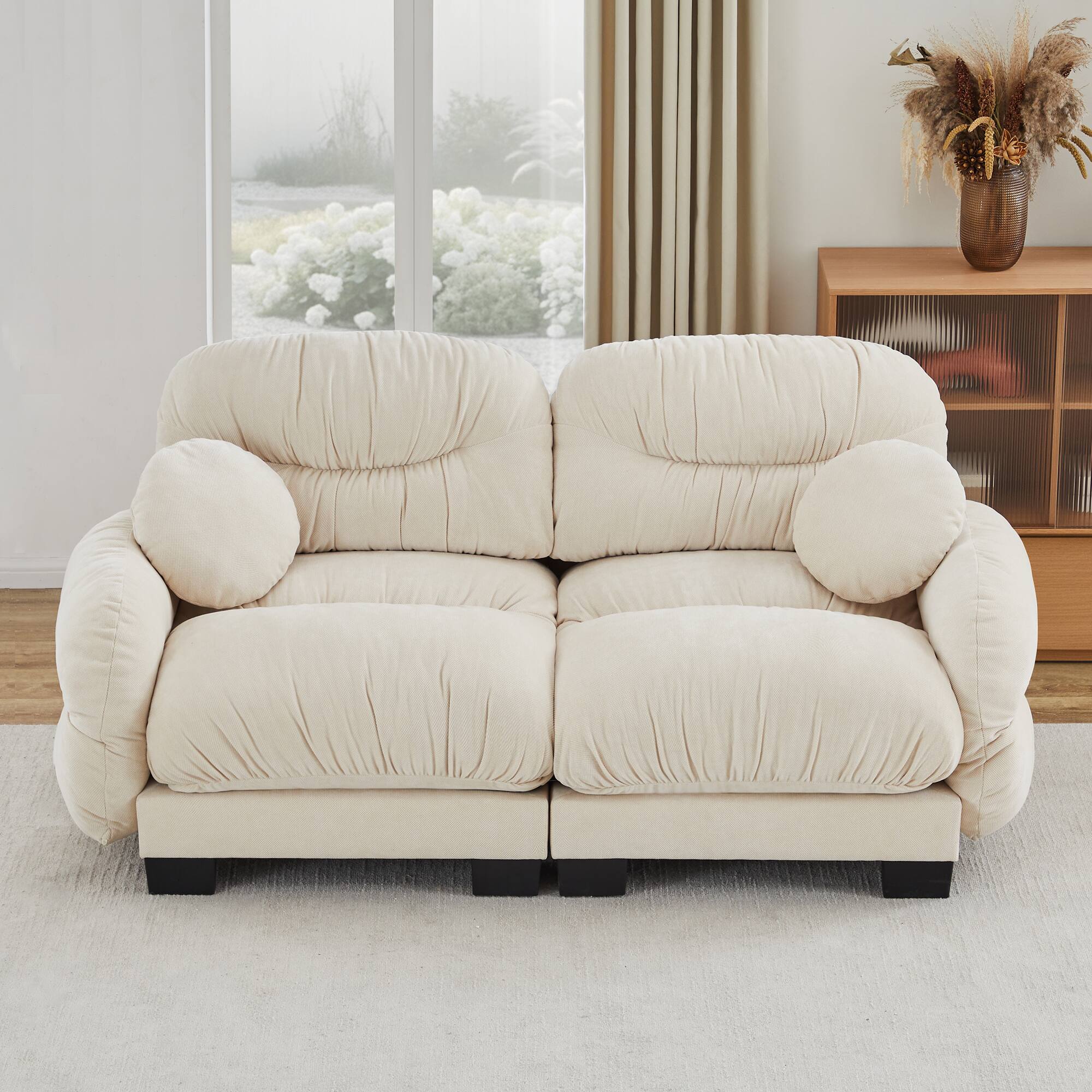 Left. Anysun - 2-Seater Modular Sofa with Chenille Fabric, High-Density Foam & Curved Armrests, Pleated Design for Living Room - Beige.