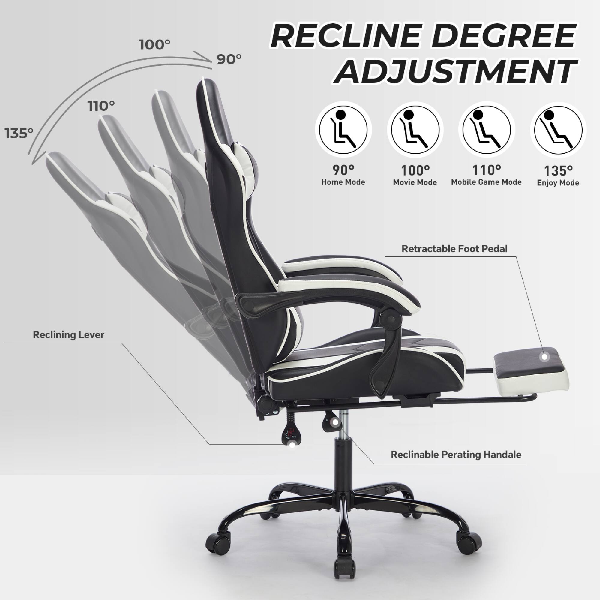 RECLINE DEGREE ADJUSTMENT

110° 100° 90° 135°

Home Mode 90°
Movie Mode 100°
Mobile Game Mode 110°
Enjoy Mode 135°

Retractable Foot Pedal
Reclining Lever
Reclinable Perating Handale