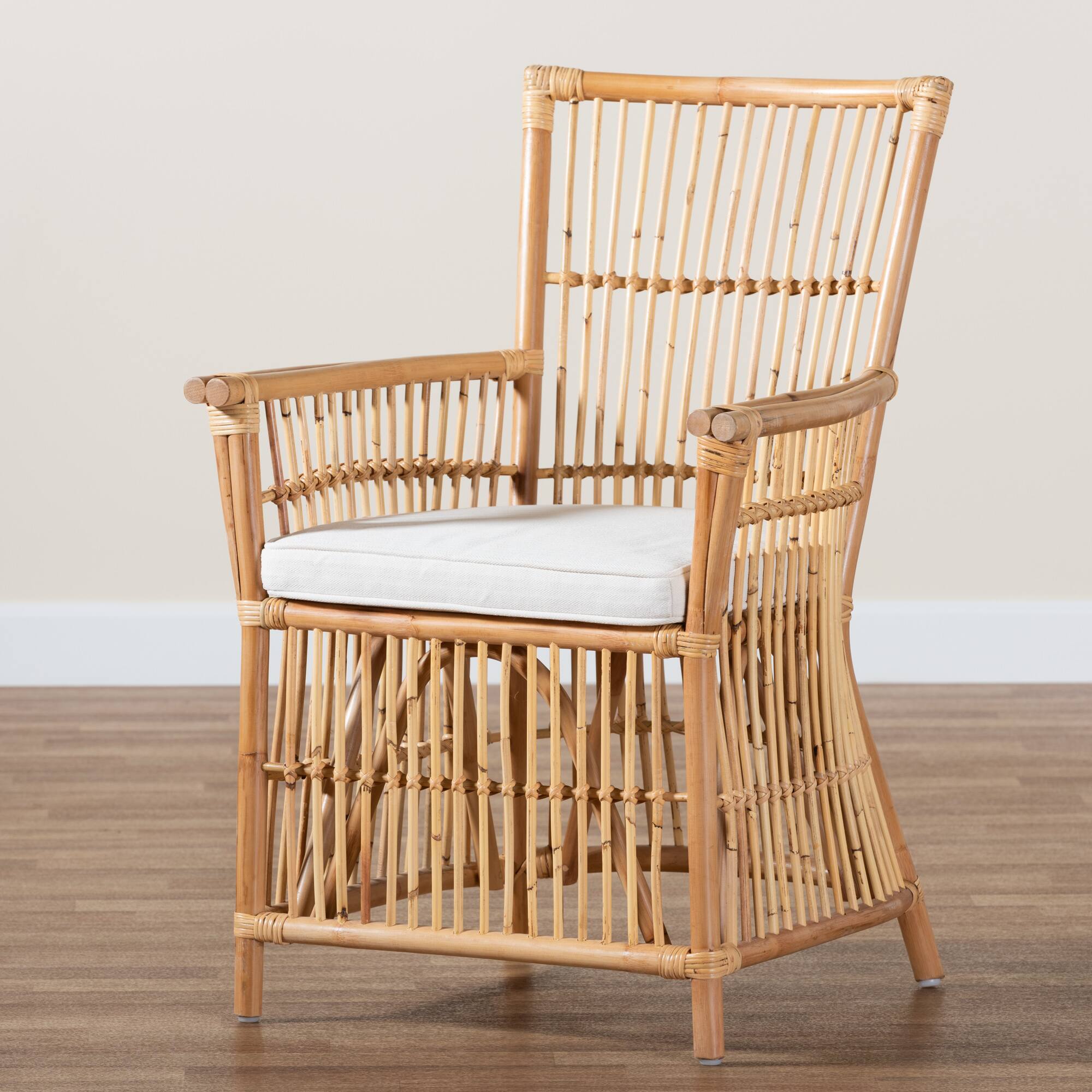 Alt View 5. bali & pari - Rose Modern Bohemian Fabric Upholstered and Rattan Armchair - White/Natural Brown.