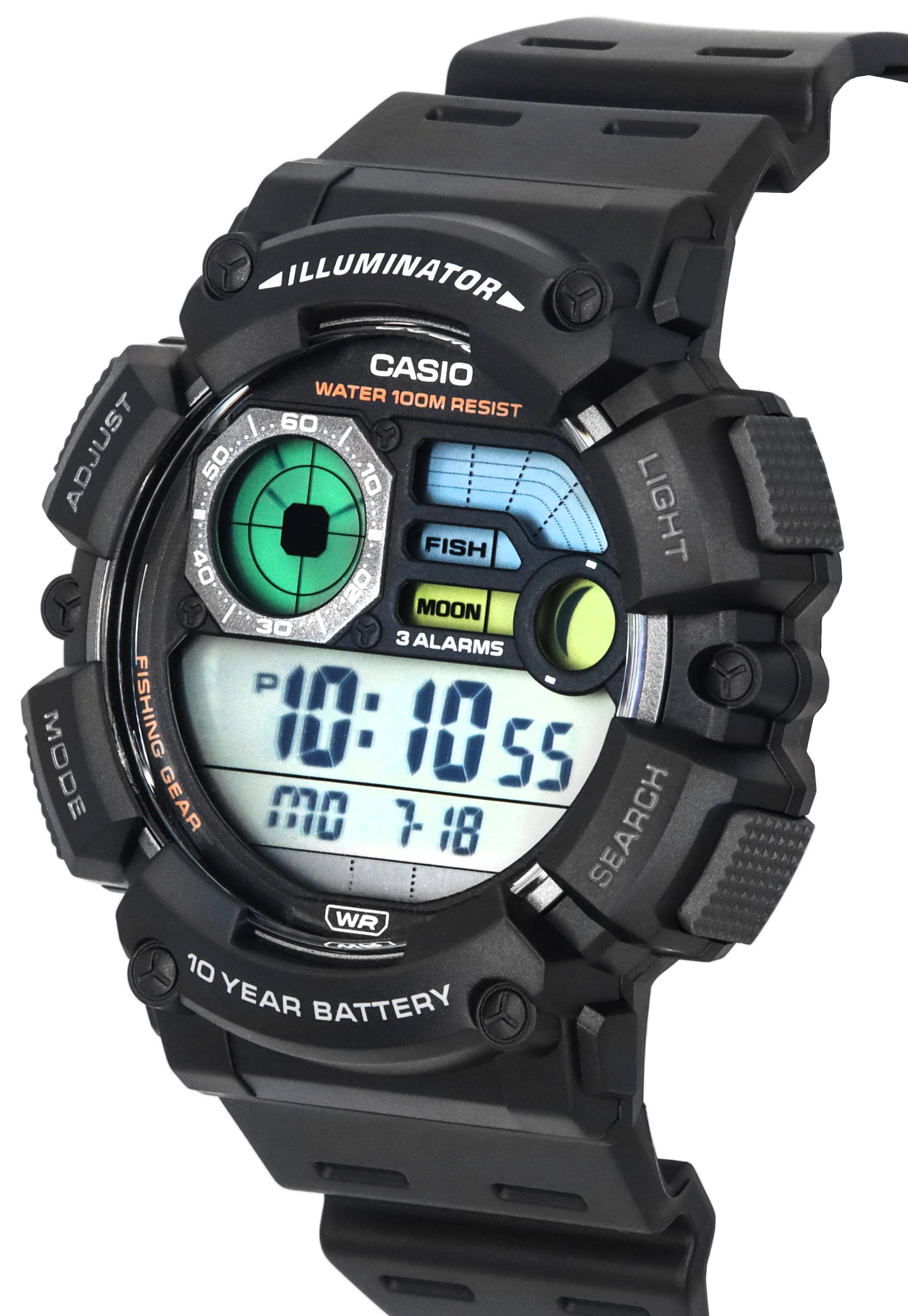 ILLUMINATOR  
CASIO  
WATER 100M RESIST  
ADJUST  
LIGHT  
FISH  
MOON  
SEARCH  
FISHING GEAR  
MODE  
3 ALARMS  
WR  
10 YEAR BATTERY