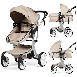 Costway - High Landscape Stroller 2-in-1 Foldable for Infant with Reversible Seat - Beige