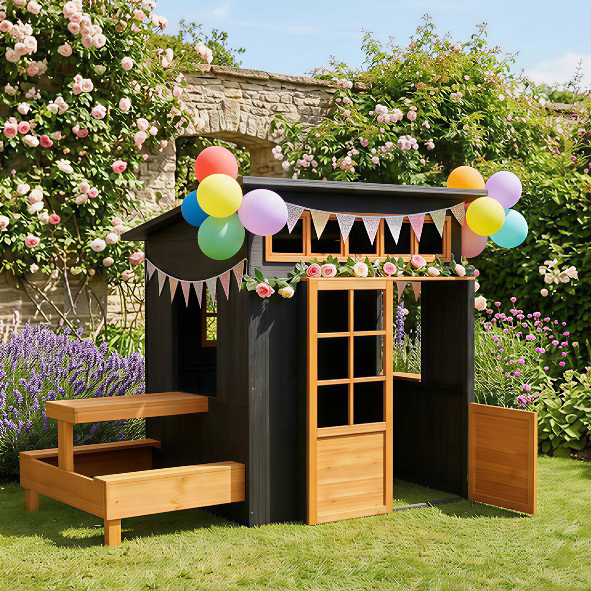Alt View 8. Qaba - Playhouse, Wooden Kids Playhouse w/ Picnic Table & Benches, Chalkboards, Half Door, Windows - Black.