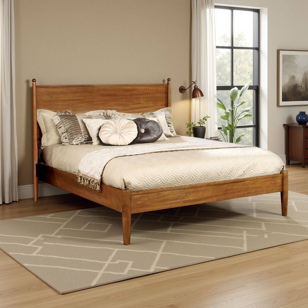 Alt View 5. Manhattan Lane - Mid Century Modern Wood Queen Bed, Round Tapered Legs - Oak Brown.
