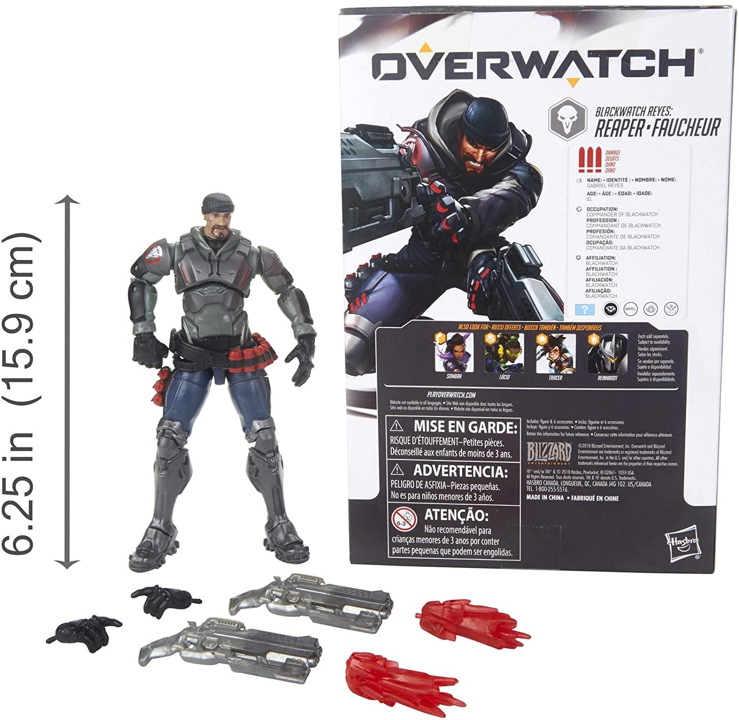 **OVERWATCH BLACKWATCH REYES: REAPER - FAUCHEUR**

- **NAME:** REYES - NONAME - HOME
- **GABRIEL REYES - IDADE - IDADE:**
- **OCCUPATION:** COMMANDER OF BLACKWATCH
- **PROFESSION:** COMMANDANT DU BLACKWATCH
- **OCCUPATION:** COMANDANTE DEL BLACKWATCH
- **AFFILIATION:** BLACKWATCH
- **AFILIACION:** BLACKWATCH
- **AFFILIATION:** BLACKWATCH

**WARNING:**
- **RISQUE D'ETOUFFEMENT - Petites pièces. DÉconseillé aux enfants de moins de 3 ans.**
- **ADVERTENCIA: PELIGRO DE ASFIXIA - Piezas pequeñas. No es para niños menores de 3 años.**
- **ATENÇÃO: Não recomendável para crianças menores de 3 anos por conter partes pequenas que podem ser engolidas.**

**MADE IN CHINA - FABRIQUÉ EN CHINE**

**BLIZZARD ENTERTAINMENT**
- **1-800-259-5514**
- **WWW