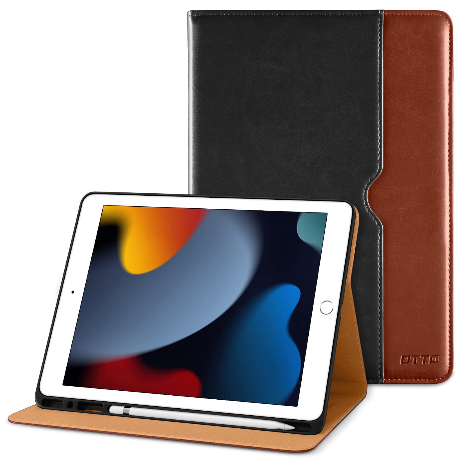 DTTO - Case for iPad 9th/8th/7th Generation 10.2 Inch 2021/2020/2019, Premium Leather Folio Stand - Auto Wake/Sleep - Black Brown