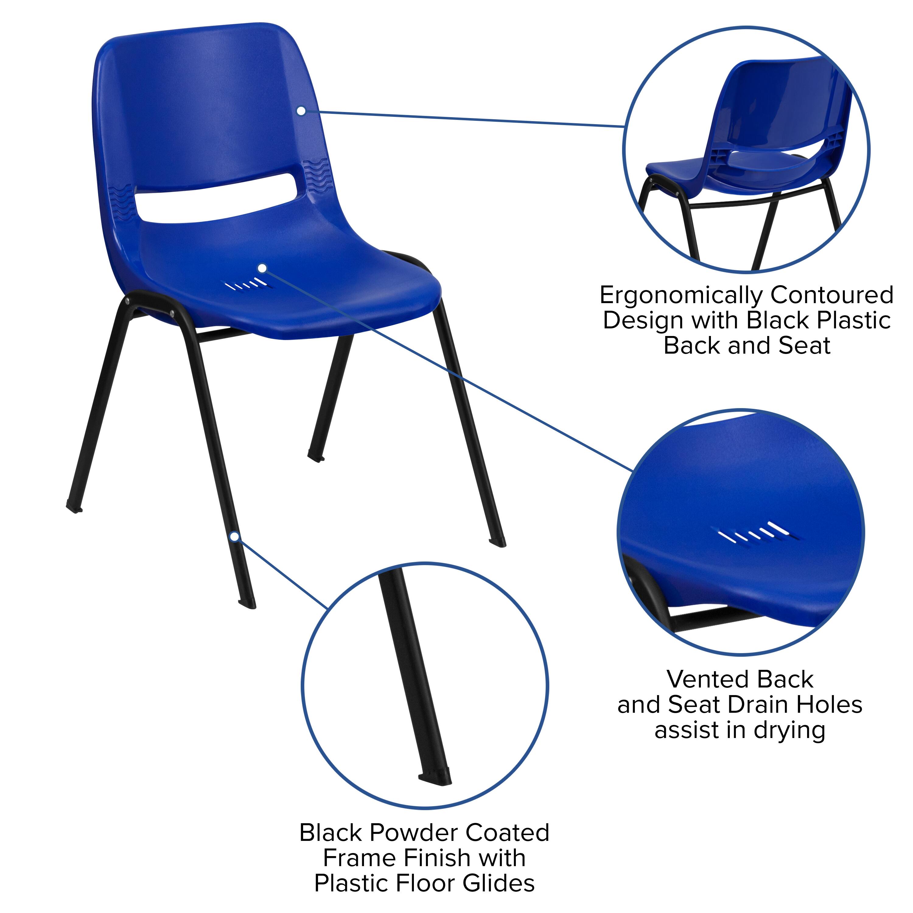 - Ergonomically Contoured Design with Black Plastic Back and Seat
- Vented Back and Seat Drain Holes assist in drying
- Black Powder Coated Frame Finish with Plastic Floor Glides