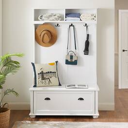 GOODSILO - Coastal Style Entryway Hall Tree Bench with Storage Cabinets and Open Shelves for Organized Home Entry - White