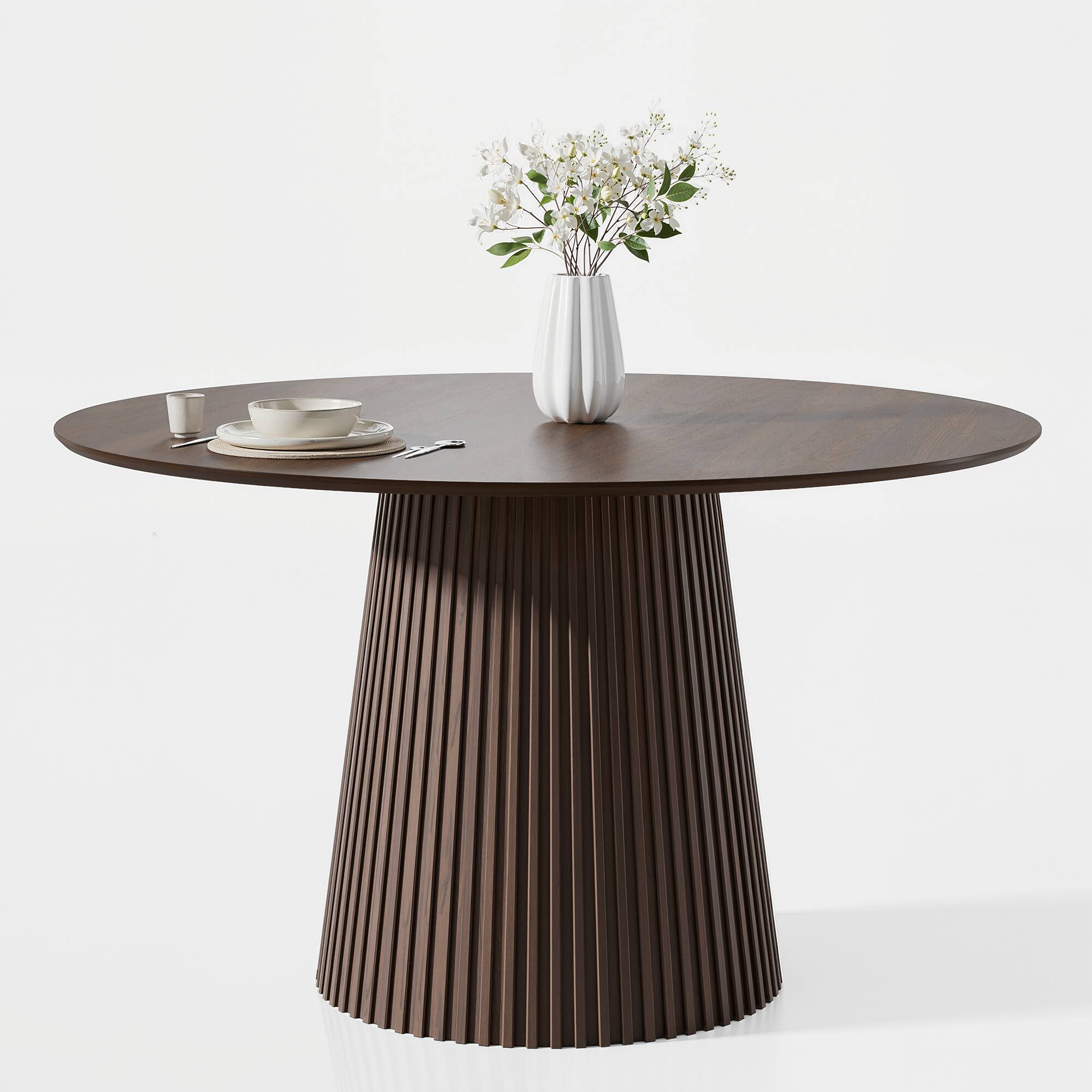 Alt View 4. PexFix - Minimalist Farmhouse Solid Oak Dining Table, 46" Round with Tapered Pedestal Base for 4 - WALNUT.