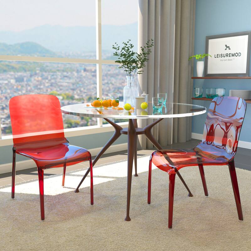 Angle. LeisureMod - Murray 2-Pieces Modern Plastic Stackable Dining Chair for Home & Kitchen - Red.