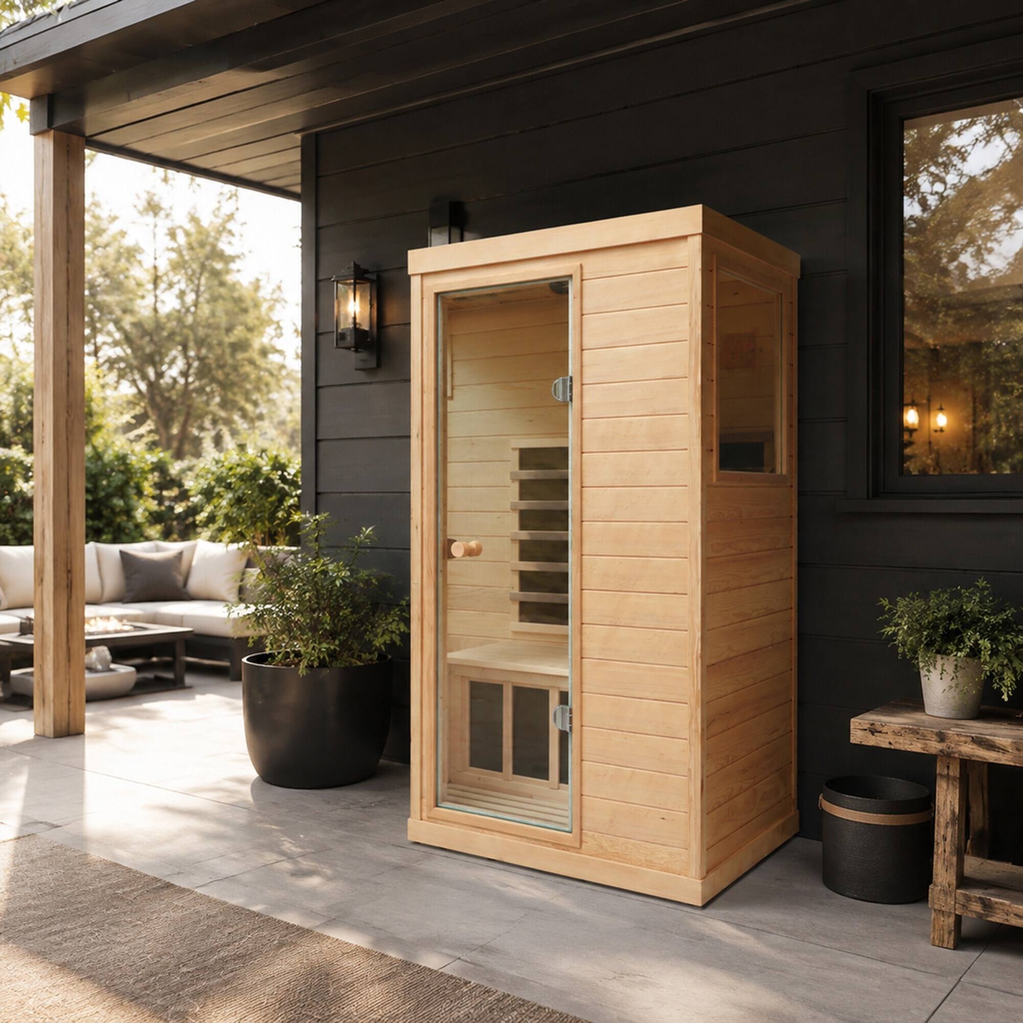 Angle. RYHNUYNE - One Person Far Infrared Sauna, Canadian Hemlock Wood, Left-Hinged Door, Indoor Home Spa, 6 Heating Panels, Bluetooth - Natural Wood.