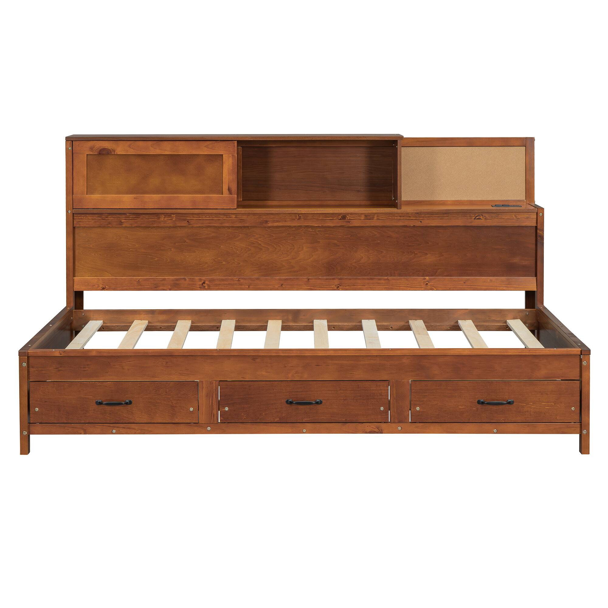 Left. Tiramisubest - Twin Size Wooden Daybed with 3 Storage Drawers, Upper Soft Board, shelf, and a set of Sockets and USB Ports, Walnut - Walnut.