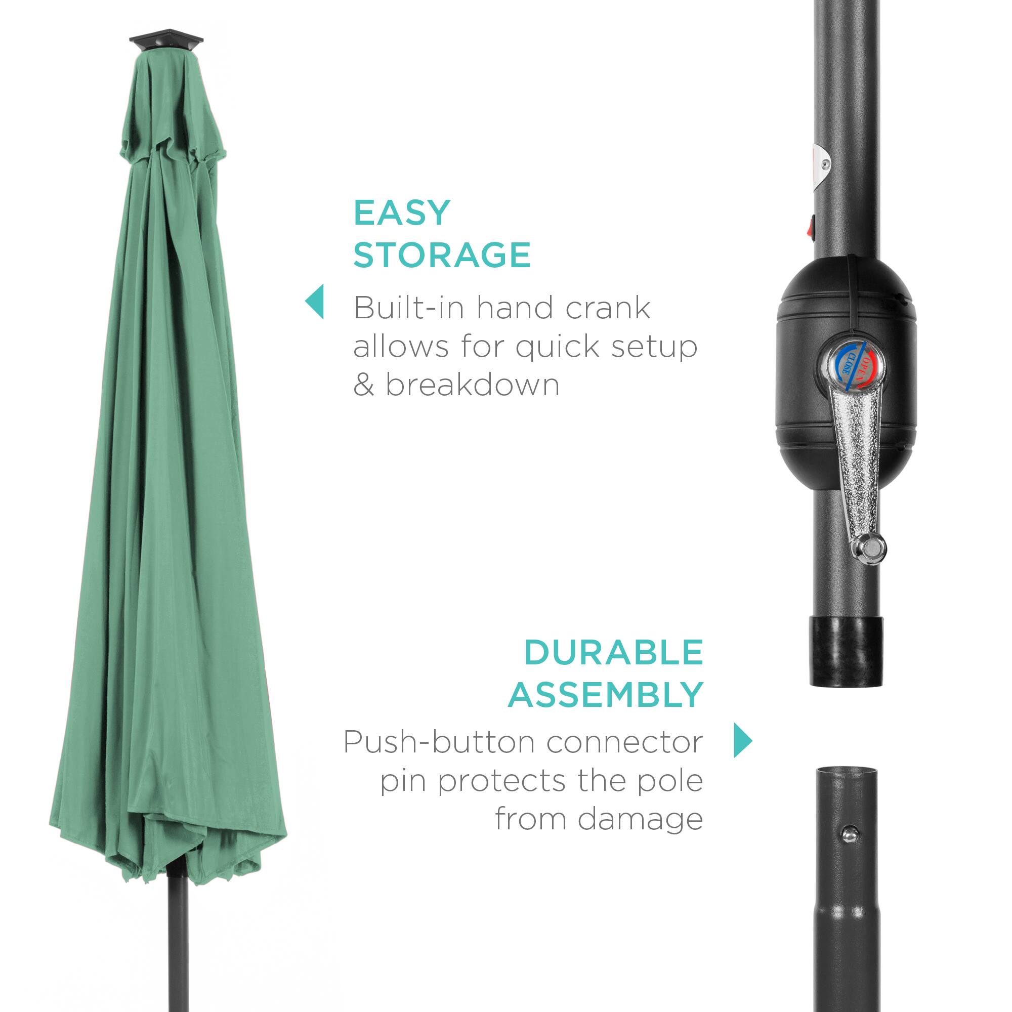 EASY STORAGE: Built-in hand crank allows for quick setup & breakdown.  
DURABLE ASSEMBLY: Push-button connector pin protects the pole from damage.