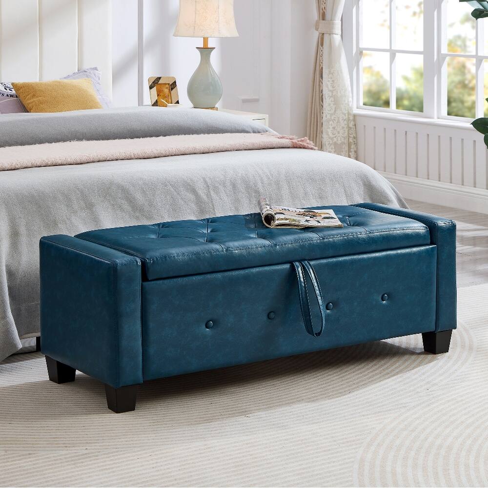 Back. Ropilly - Ropilly 48 Inch Blue Faux Leather Storage Ottoman Tufted Bench for Bedroom Entryway - Blue.