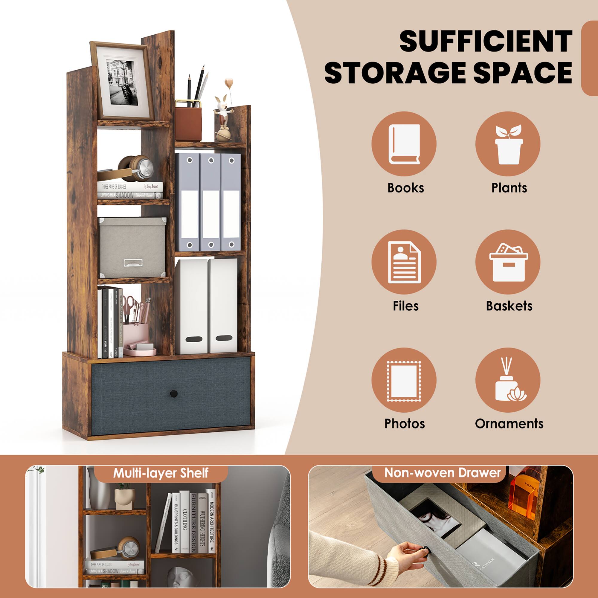 SUFFICIENT STORAGE SPACE

hylop.leous

Books
Plants
Files
Baskets
Photos
Ornaments

Multi-layer Shelf

BLUEPRINTS & FURN MODERN BUILDINGS CLOTHING STURE WUTHERING ARCHITECTURE BREE HEIGHTS

a HEAKFUZ New INMURICS Start 0 100

Non-woven Drawer 2 CATITALK