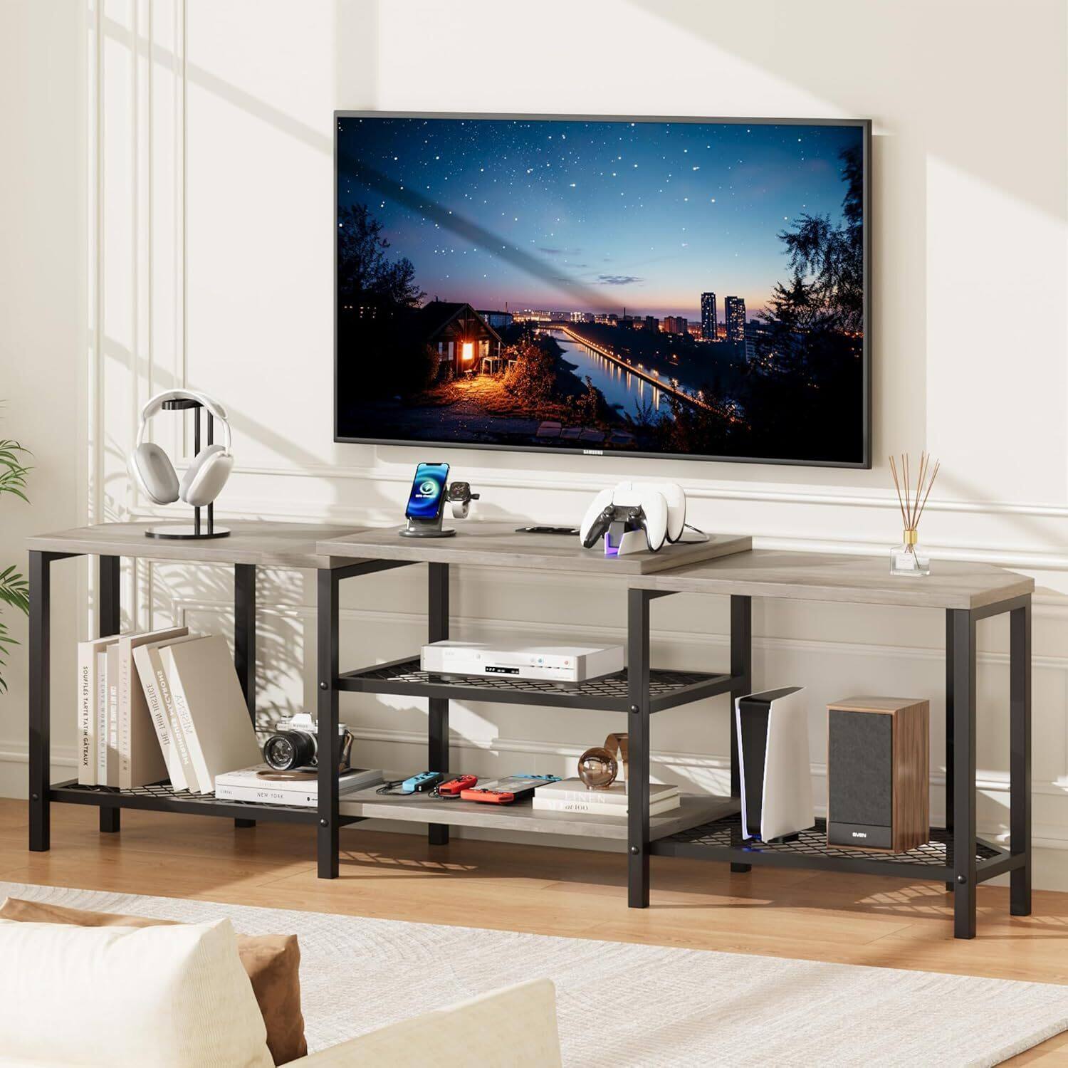 Acekool - Modern 67 Inch TV Stand with LED Lights and Power Outlets for Living Room, Bedroom, Grey - Gray