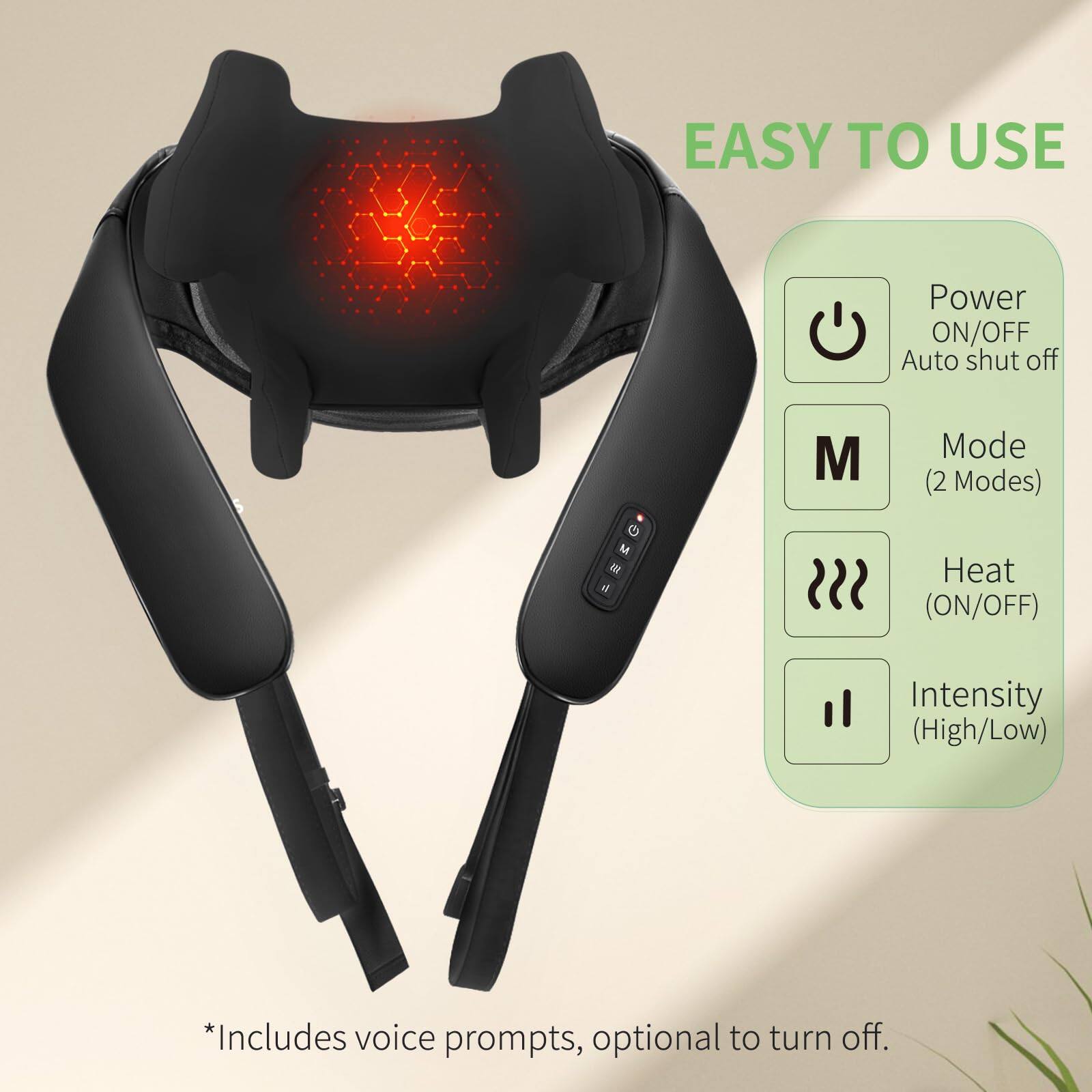 EASY TO USE

- Power ON/OFF
- Auto shut off
- Mode (2 Modes)
- Heat (ON/OFF)
- Intensity (High/Low)

*Includes voice prompts, optional to turn off.
