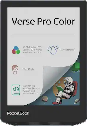 Verse Pro Color
- 6" E Ink Kaleido™ 3 screen, 50% higher resolution in color
- IPX8 waterproof
- SMARTlight
- Audiobooks support, Text-to-Speech and Bluetooth® 5.4
PocketBook