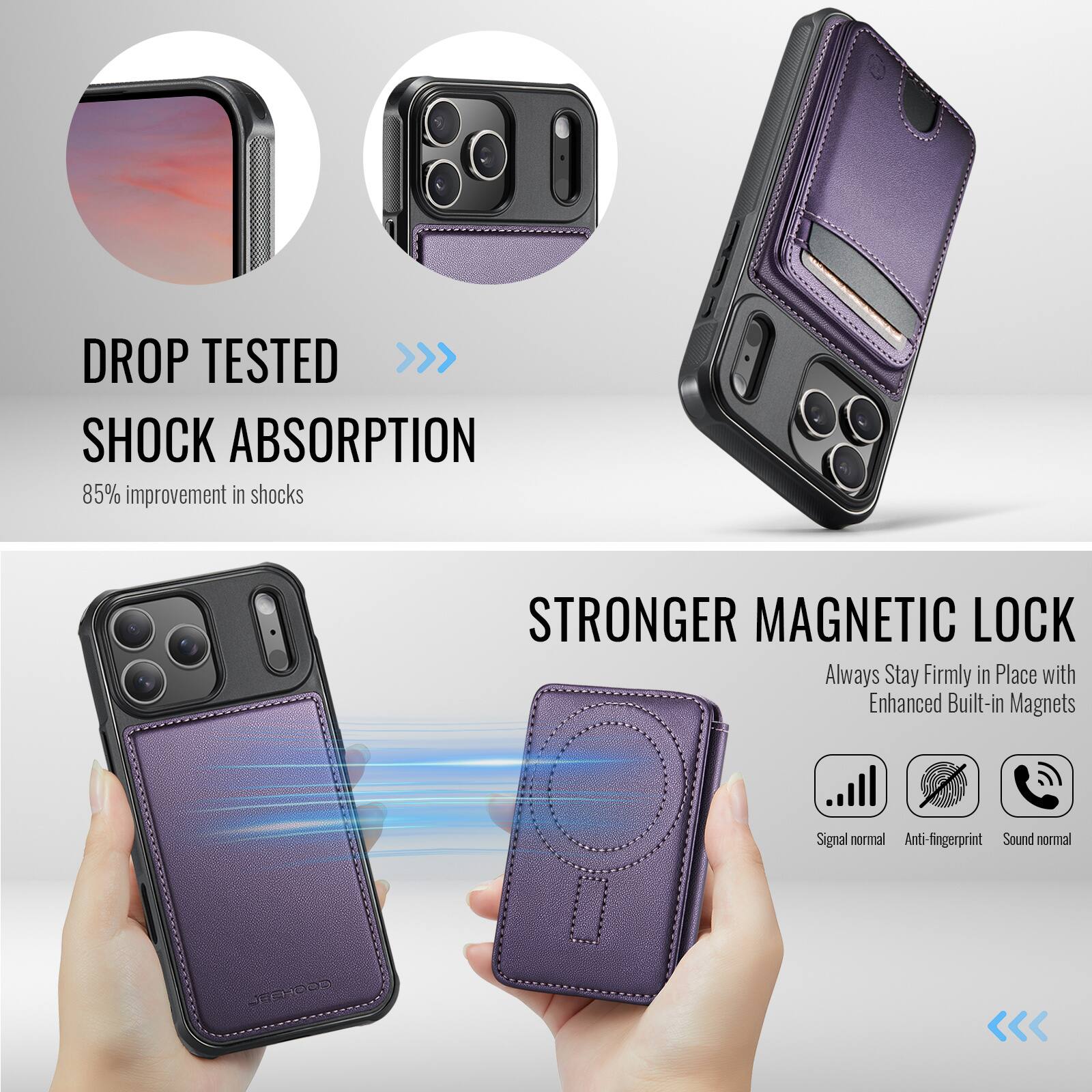 DROP TESTED  
SHOCK ABSORPTION  
85% improvement in shocks  

STRONGER MAGNETIC LOCK  
Always Stay Firmly in Place with Enhanced Built-in Magnets  

Signal normal  
Anti-fingerprint  
Sound normal