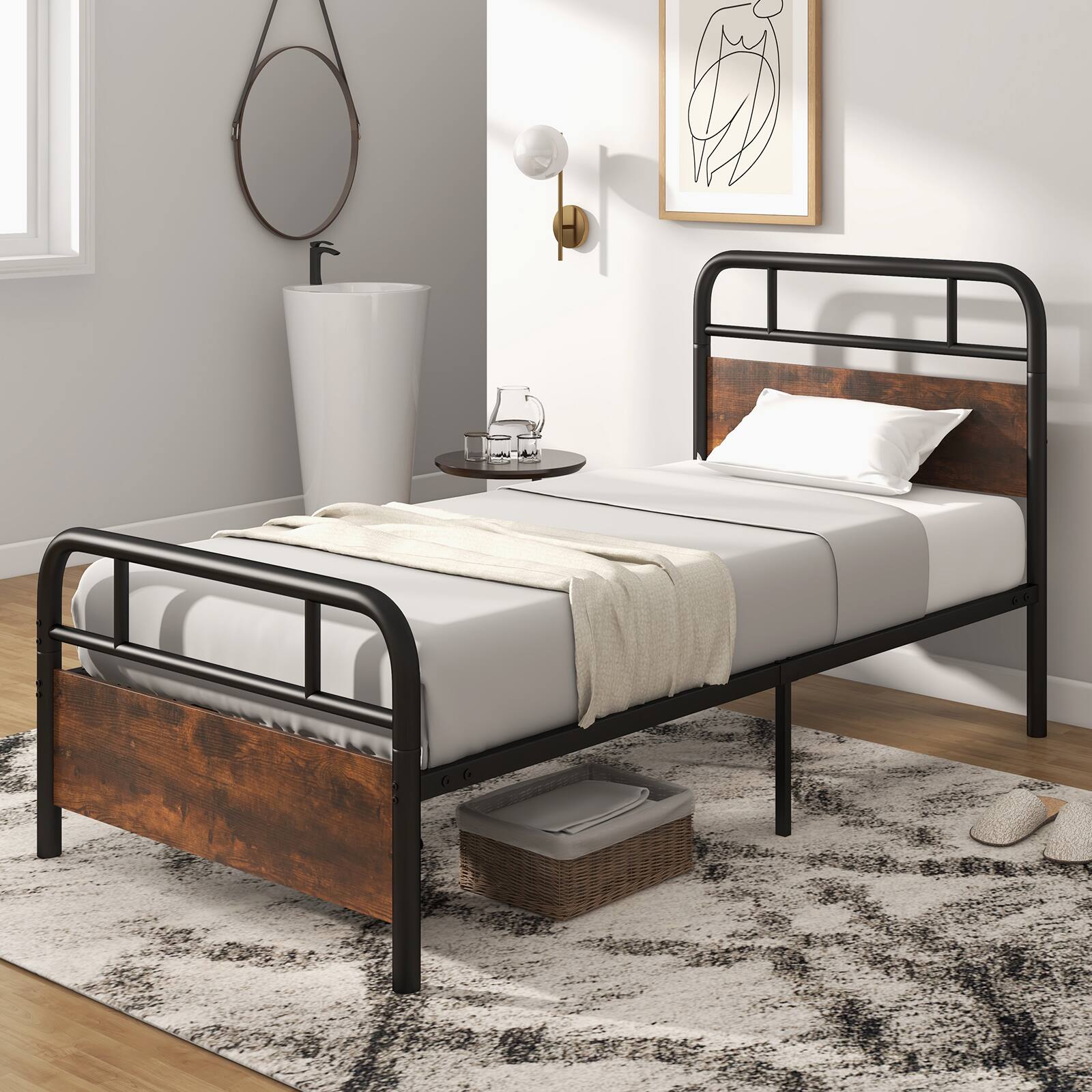 Alt View 1. Ecooso - Twin Size Bed Frame with Industrial Headboard - Brown & Black.