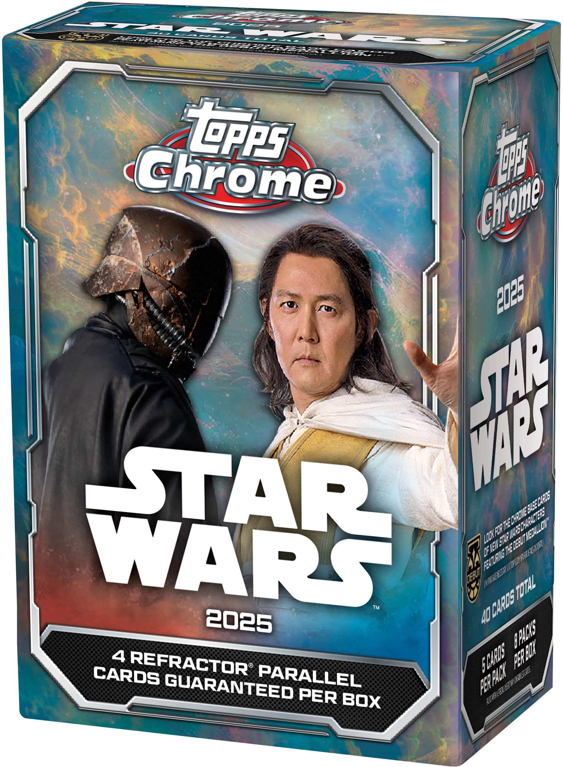 Topps Chrome
STAR WARS 2025
4 Refractor Parallel Cards Guaranteed Per Box
40 Cards Total
8 Packs Per Box
5 Cards Per Pack
Look for the Chrome Characters!
Featuring the Debut of the Mandalorian!
40 Cards Total
8 Packs Per Box
5 Cards Per Pack
Topps Chrome
STAR WARS 2025