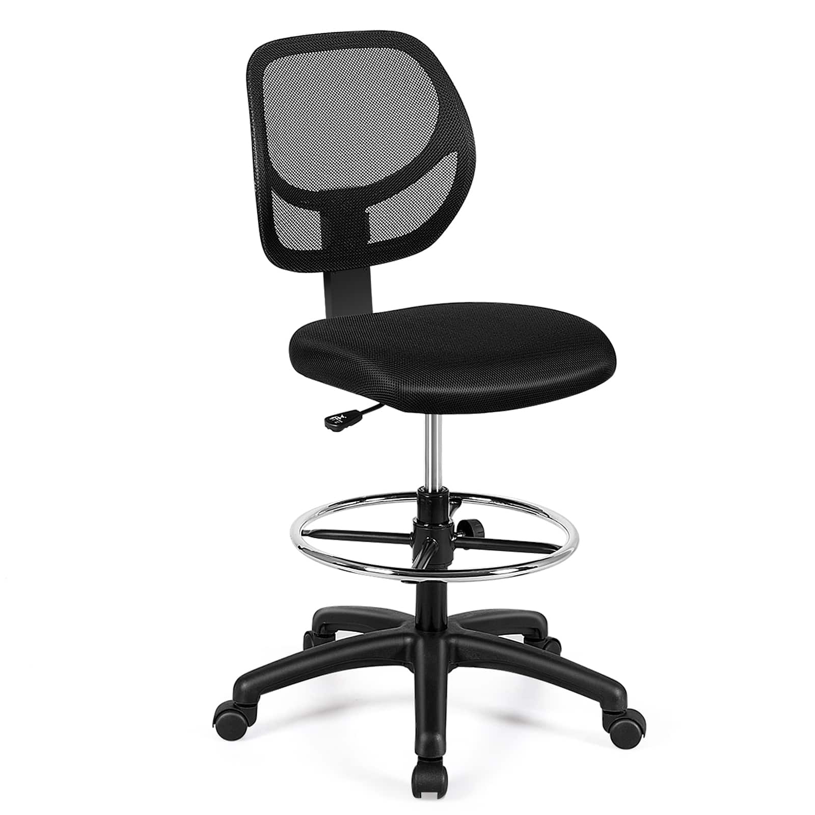 Front. Costway - Mid-Back Armless Mesh Drafting Chair with Adjustable Height and Footrest - Black.