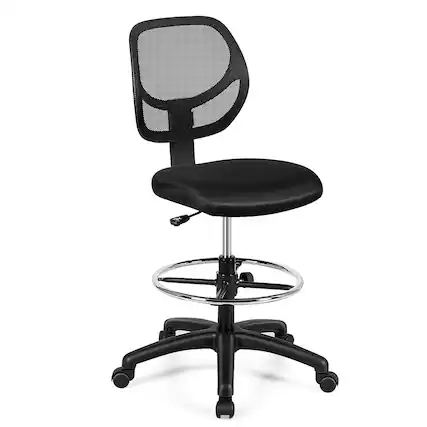 Front. Costway - Mid-Back Armless Mesh Drafting Chair with Adjustable Height and Footrest - Black.