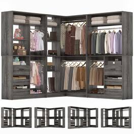 Aheaplus - 6-9 FT L-Shaped Walk-In Closet with 6 Drawers, 6 Hanging Rods & Open Shelves, Heavy Duty Bedroom Wardrobe - Gray Oak